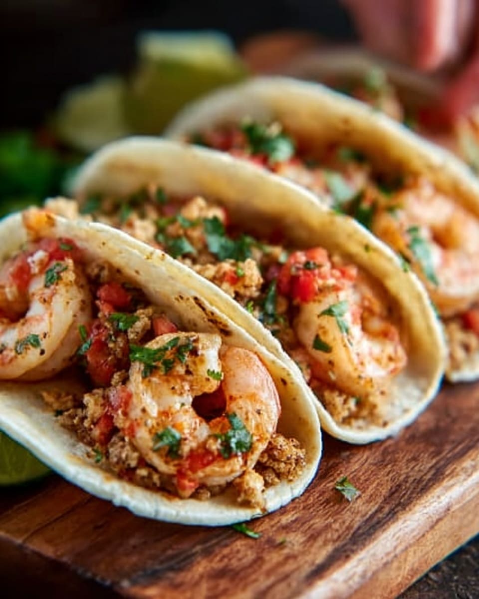 Three soft white corn tortillas are filled with cooked shrimp arranged in the bottom layer, which is light pink with a slight char. On top of the shrimp is a layer of small light brown crumbled meat pieces mixed with finely chopped red tomatoes and green herbs. The tacos rest on a wooden surface, and a woman's hand is about to pick one. The overall colors are warm with a mix of white, pink, red, green, and brown. photo taken with an iphone --ar 4:5 --v 7
