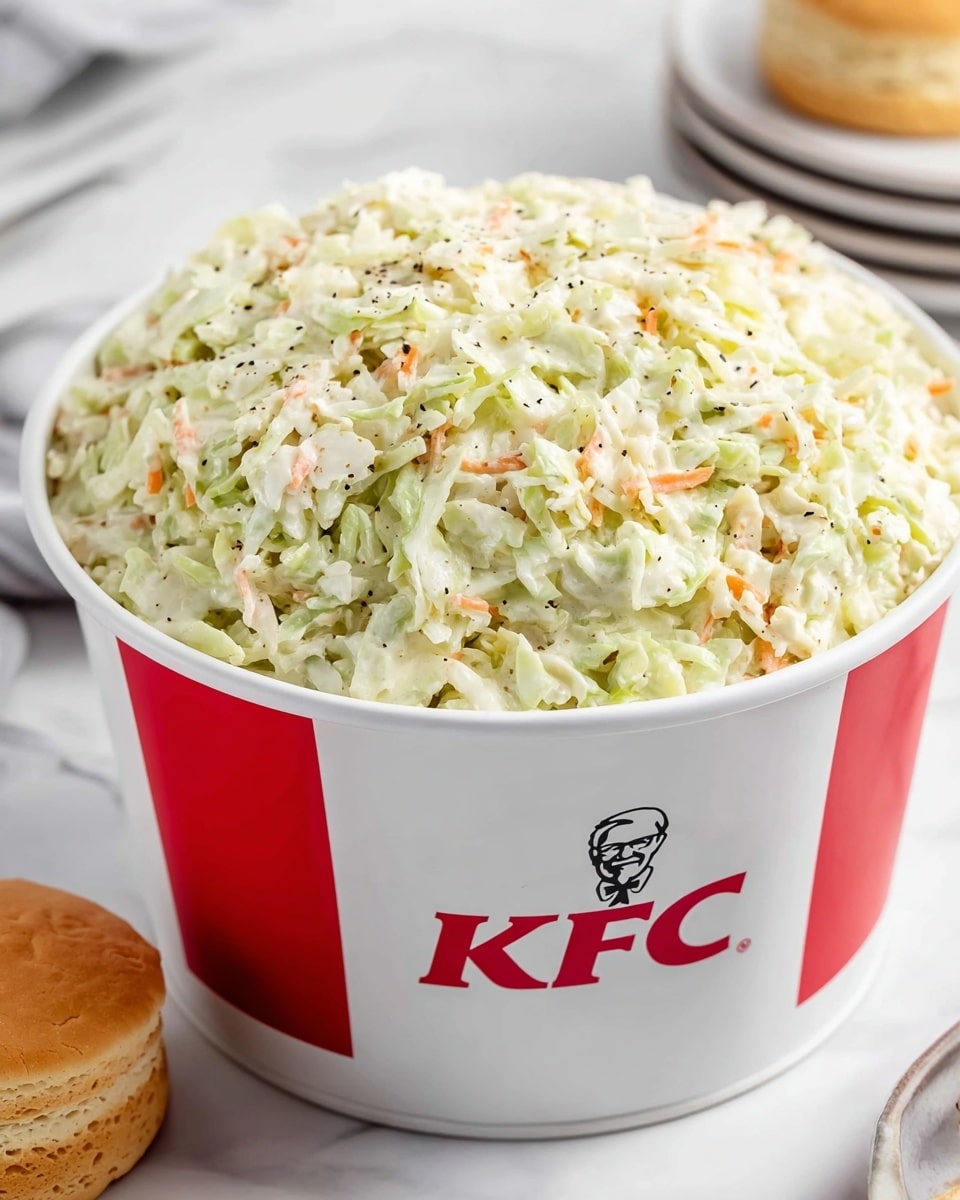 A large white bucket with red panels and the KFC logo filled to the top with coleslaw, showing finely shredded pale green and white cabbage mixed with small bits of orange carrot. The texture appears creamy with visible specks of black pepper spread throughout. The bucket is placed on a white marbled surface, with a biscuit and a stack of white plates blurred in the background. Photo taken with an iphone --ar 4:5 --v 7