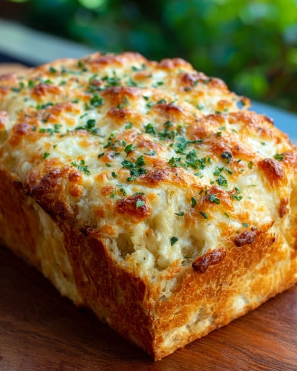 The image shows a close-up of a thick, square-shaped bread loaf topped with a bubbly, golden brown melted cheese layer. The cheese appears soft and creamy with some browned, crispy edges and small green herb sprinkles scattered on top. The loaf's crust is golden and slightly flaky, visible around the bottom edges, and the bread inside looks soft and textured. The bread rests on a wooden surface with a blurred green background. Photo taken with an iphone --ar 4:5 --v 7