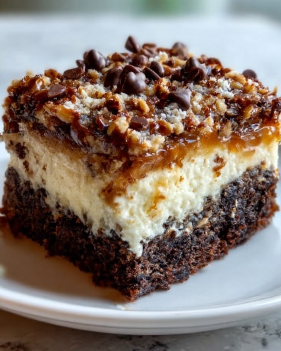 The image shows a thick square slice of layered dessert on a white plate with a white marbled surface underneath. The bottom layer is dark brown and dense, with a rough texture that looks like a brownie or cookie base. Above it is a creamy, off-white middle layer that is smooth and rich, resembling a cheesecake filling. The top layer is a crunchy, caramel-colored mix with chopped nuts, small chocolate chips, and a glossy finish. The layers have clear separation and the dessert looks moist and rich. Photo taken with an iphone --ar 4:5 --v 7