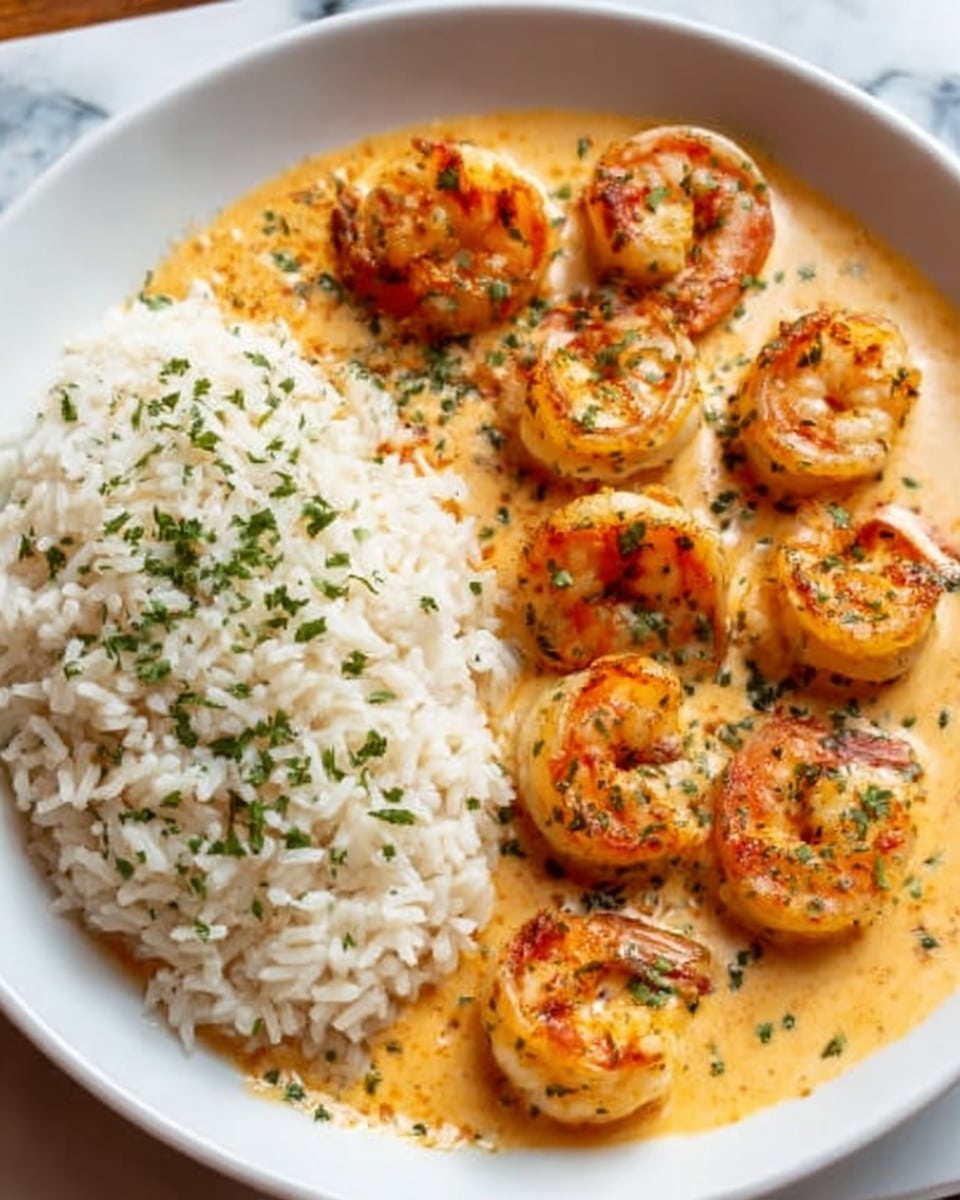 A close-up view of a white plate holding cooked rice on the left side, with finely chopped green herbs sprinkled on top. On the right side, there is a creamy orange-colored sauce with a smooth texture, covered with cooked shrimp arranged in a scattered pattern. The shrimp are orange-pink with a slightly crispy surface and are garnished evenly with small green herb pieces. The background surface has a white marbled texture. Photo taken with an iphone --ar 4:5 --v 7