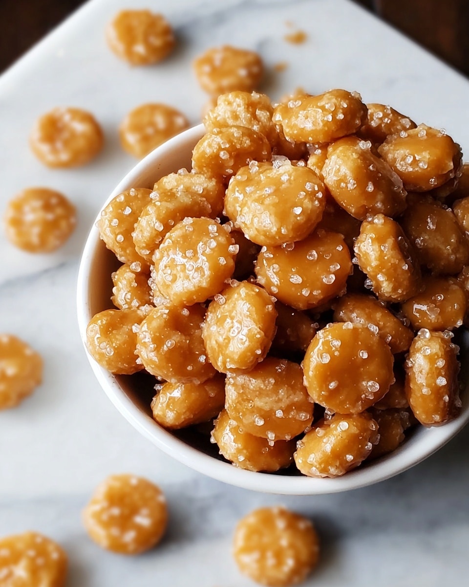 A white bowl filled with many round, small caramel-coated snacks that have a glossy, golden brown color and bumpy texture from small sugar crystals on top. The bowl sits on a white marbled surface with some of the snacks scattered loosely around it. The lighting highlights the shiny caramel coating and crunchy texture of each piece. photo taken with an iphone --ar 4:5 --v 7