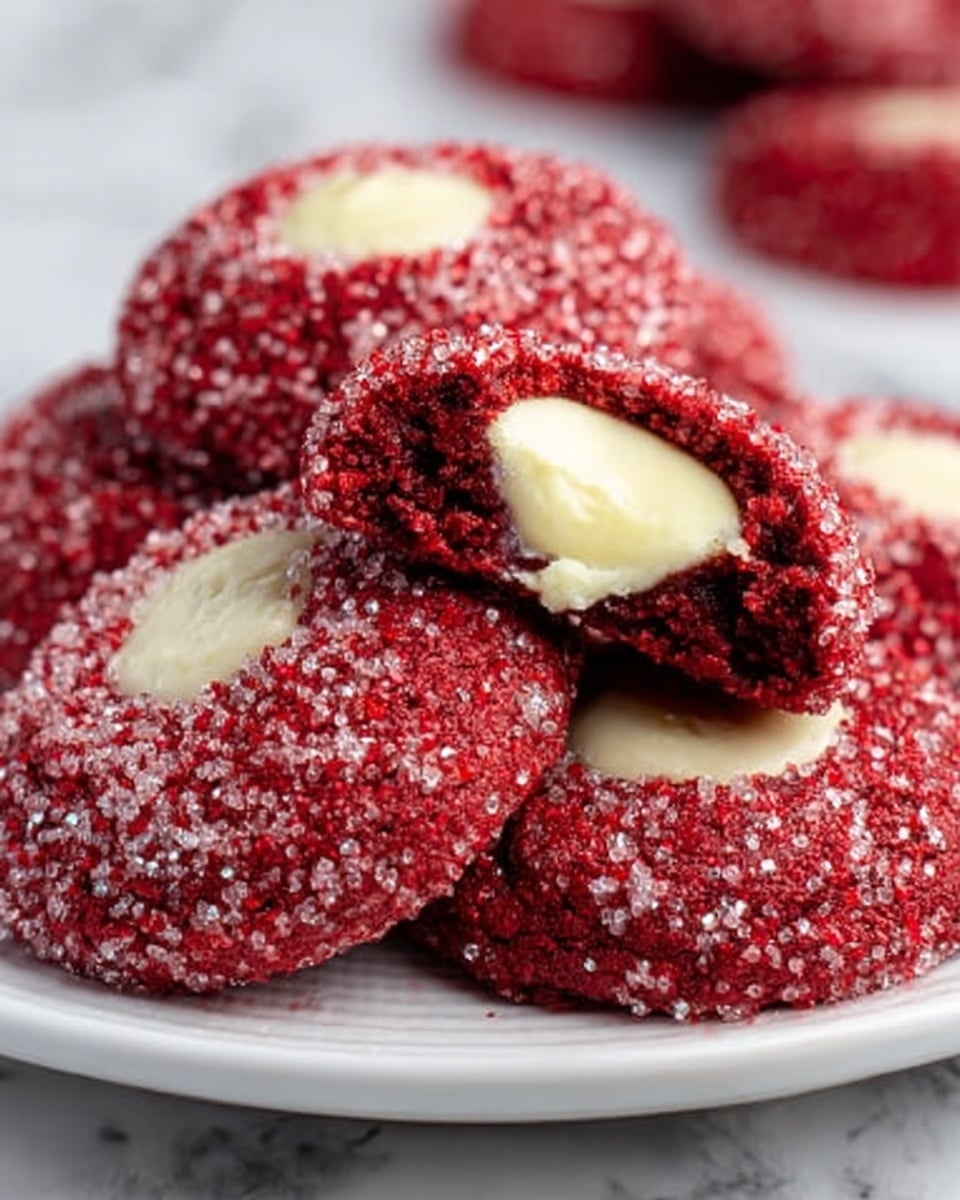 A white plate holds a small pile of red velvet cookies, each covered with sparkling sugar crystals that give a grainy texture. The cookies are deep red with a rough outer layer, and one cookie is cut open, showing a smooth, creamy white filling inside. The filling is thick and soft, centered in each cookie, with a shiny red crust edge hugging it. The plate sits on a white marbled surface, and the close-up shot makes the sugar crystals and creamy filling very clear and vivid. photo taken with an iphone --ar 4:5 --v 7
