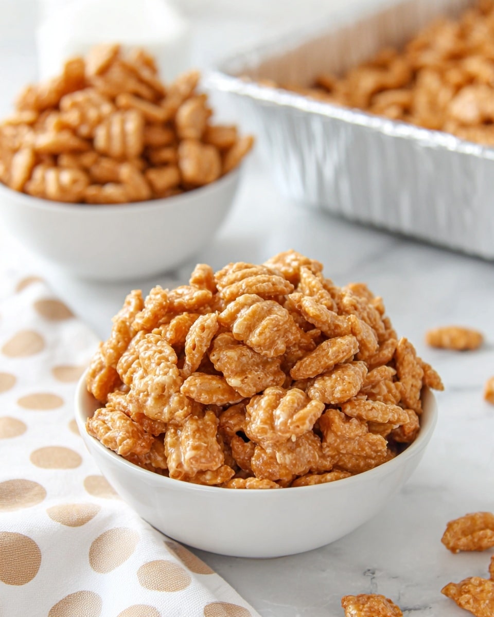 The image shows a close-up of a white bowl filled with several layers of golden brown, crunchy cereal clusters. The cereal pieces have a ridged texture and are coated in a shiny glaze, giving them a slightly sticky look. In the background, there is another white bowl filled with the same cereal, and to the right, part of a silver foil pan is visible, also filled with the cereal clusters. Some cereal pieces are scattered on the white marbled surface around the bowl, and a light-colored cloth with beige polka dots lies nearby. The overall scene is bright and clean. photo taken with an iphone --ar 4:5 --v 7
