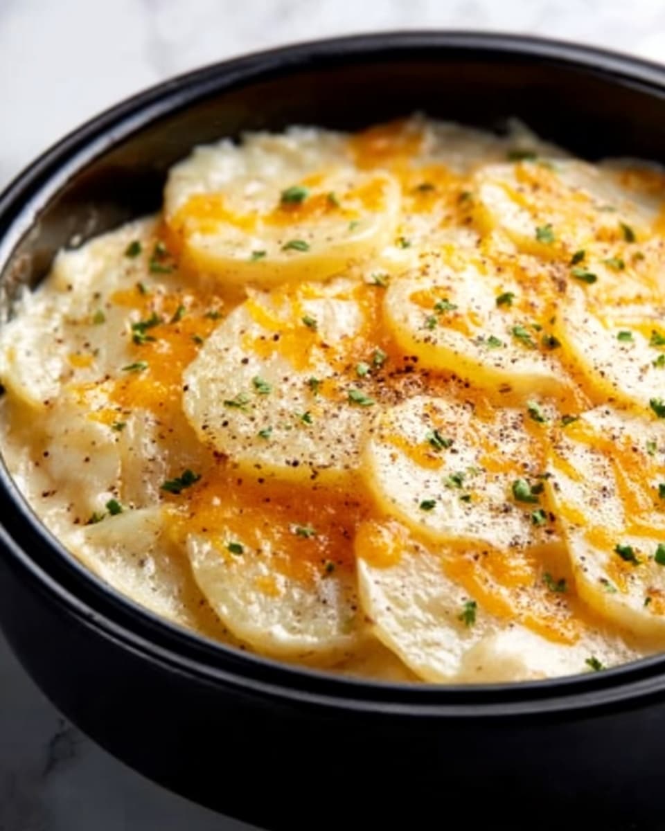The image shows a close-up of a black bowl filled with a creamy potato dish. The dish has several thinly sliced potato layers that appear soft and covered with a smooth, white creamy sauce. On top, there is a light sprinkle of orange cheese melted evenly with some black pepper and small green herb bits sprinkled across the surface. The colors blend softly, creating a rich and tasty look. The bowl sits on a white marbled surface. Photo taken with an iphone --ar 4:5 --v 7