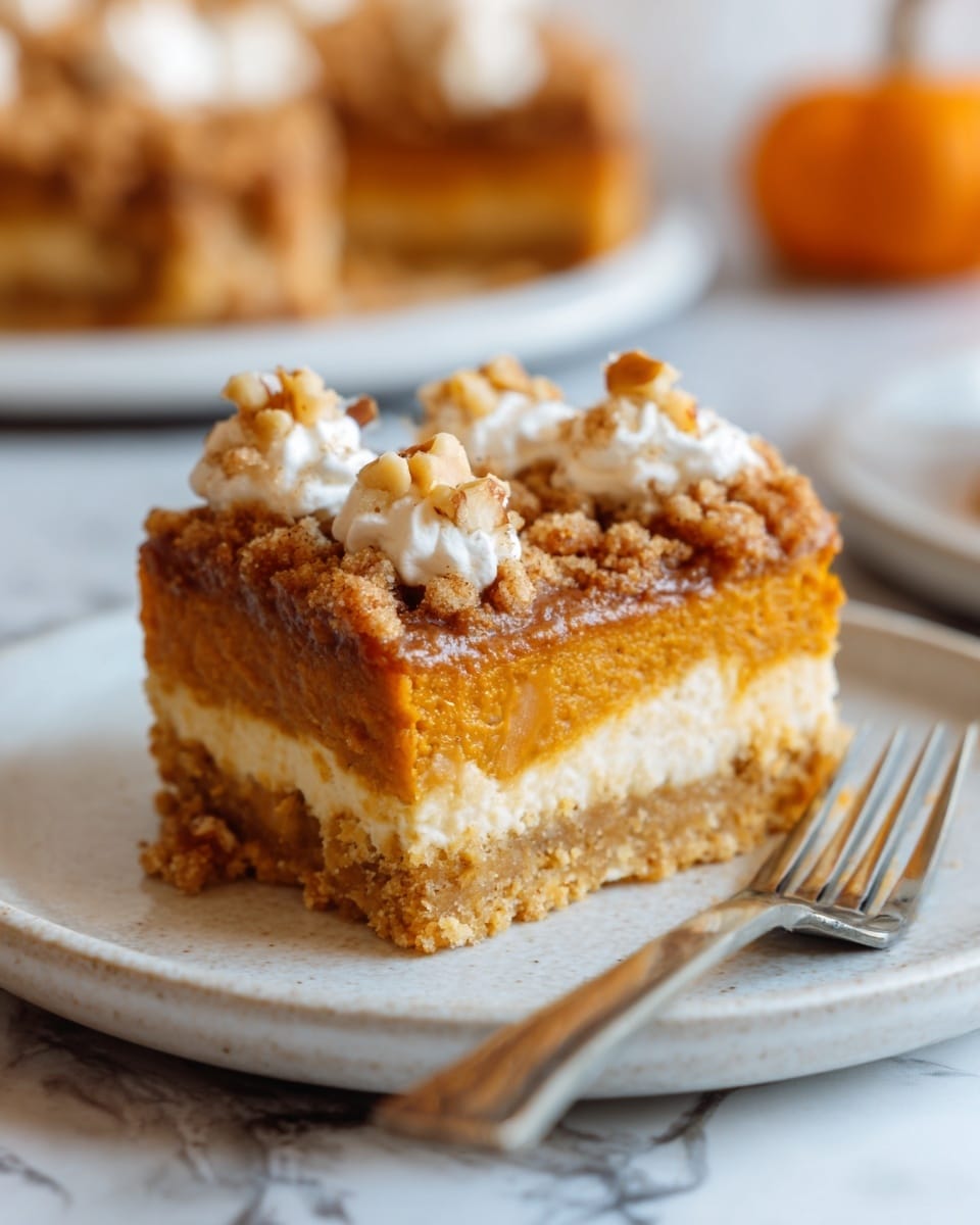 The image shows a slice of pumpkin dessert on a white plate. The dessert has three layers: the bottom layer is a golden-brown crumbly crust, the middle layer is smooth and orange pumpkin filling, and the top layer is a rich, slightly crumbly brown topping with small dollops of white cream and some nut pieces scattered on top. A silver fork is placed on the plate next to the slice. The background has a white marbled surface with more pumpkin dessert blurred in the distance. Photo taken with an iphone --ar 4:5 --v 7