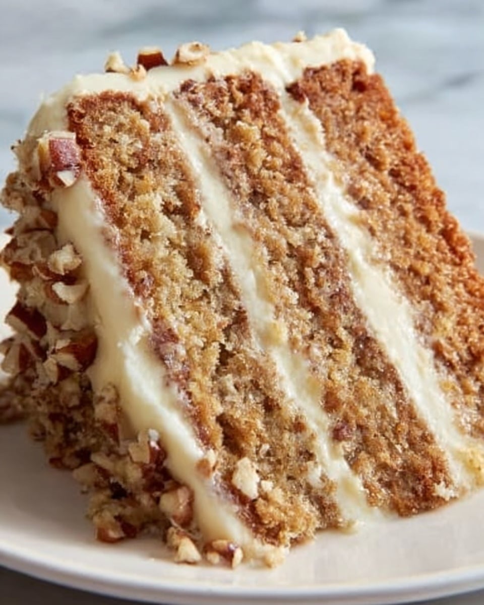 A close-up image shows a slice of layered cake on a white plate, placed on a white marbled surface. The cake has three visible layers of moist, light brown cake with a slightly crumbly texture mixed with small pieces of nuts throughout. Between each cake layer, there are thick, creamy off-white frosting layers that also cover the outer side of the cake slice. The frosting is decorated with small pieces of chopped nuts scattered over the top and sides, adding a crunchy texture contrast. photo taken with an iphone --ar 4:5 --v 7