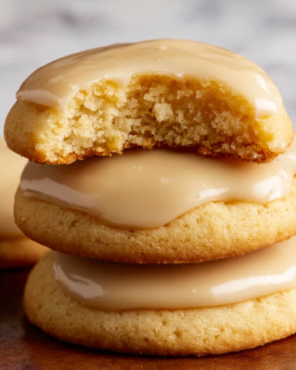 The image shows a close-up of three soft cookies stacked on top of each other, each covered with smooth, shiny beige icing. The top cookie has a bite taken out, revealing a fluffy, light yellow inside with a slightly crumbly texture. The cookies have a light golden brown edge and a smooth surface under the icing. The background is a white marbled texture. photo taken with an iphone --ar 4:5 --v 7