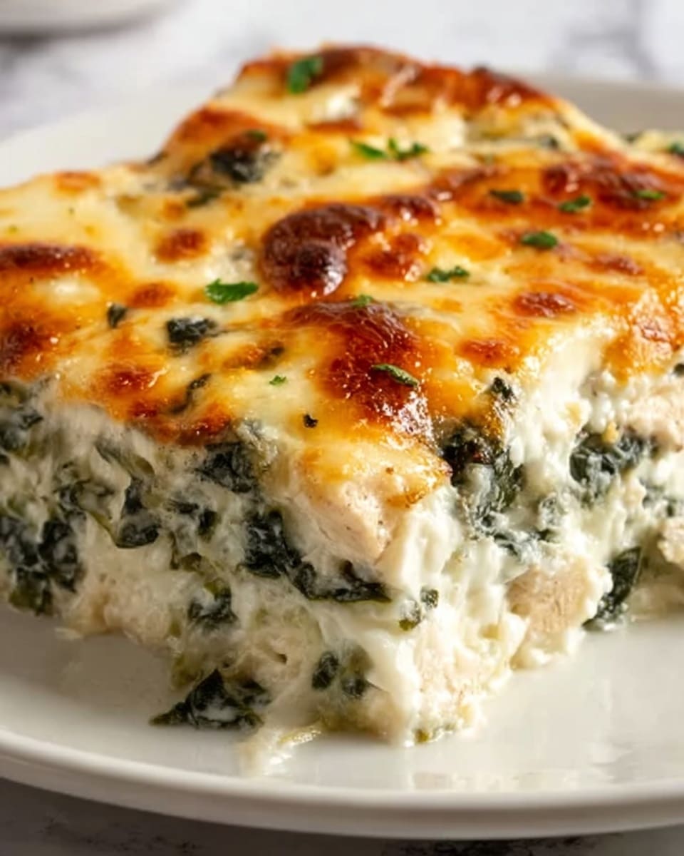 This is a close-up image of a creamy spinach and cheese casserole slice on a white plate. The top layer is golden and bubbly melted cheese with some browned spots. Below it, there is a thick creamy white cheese mixture with visible green spinach pieces mixed evenly throughout. The texture of the casserole looks soft and rich, and the layers are blended smoothly without clear separation. The background surface is a white marbled texture. photo taken with an iphone --ar 4:5 --v 7