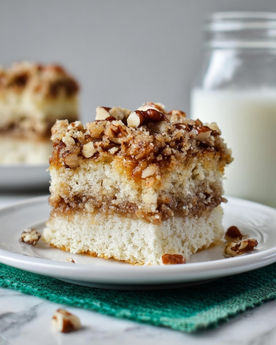 A two-layer square piece of cake sits on a white plate with a green cloth underneath. The bottom layer is light and fluffy with a pale cream color and a slightly crumbly texture. Between the two layers is a filling made of chopped nuts and a brown sugary mixture. The top layer is similar to the bottom, but the surface is covered with more chopped nuts and a baked, golden-brown sugary topping that looks crunchy. In the background, there is part of another piece of cake and a clear glass jar with white liquid inside. The whole scene is set on a white marbled surface. photo taken with an iphone --ar 4:5 --v 7