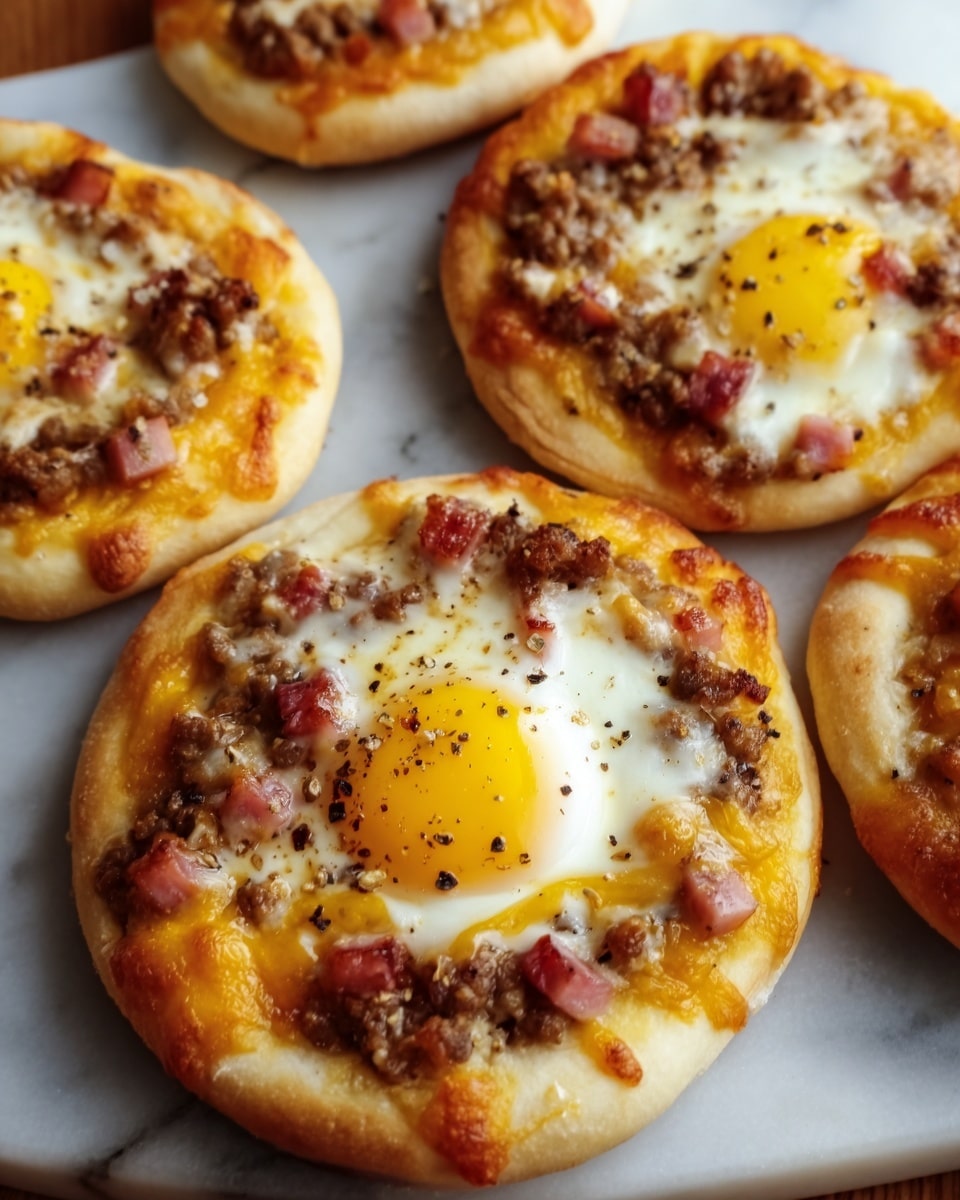 The image shows small round pizzas with a golden-brown crust on a white marbled surface. Each pizza has three main layers: the bottom crust is thick and soft with a pale golden color; the middle layer is melted cheddar cheese that stretches and oozes slightly; the top layer has cooked ground meat mixed with small pieces of ham, dotted with melted white cheese, and topped with a bright yellow egg yolk cracked in the center of each pizza. There are some black pepper flakes sprinkled on top for extra detail. Photo taken with an iphone --ar 4:5 --v 7