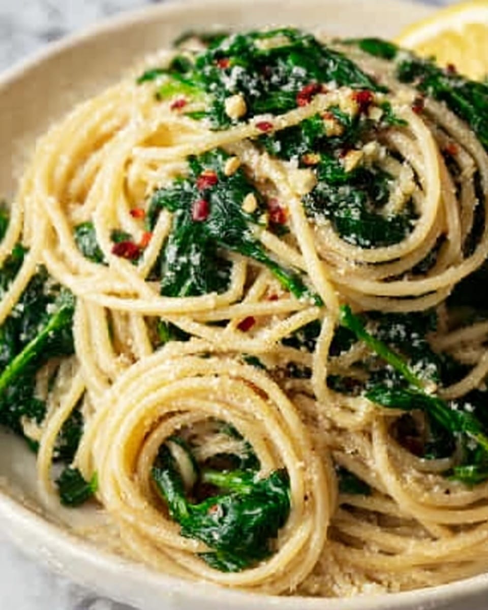 A close-up view of spaghetti pasta mixed with cooked spinach, coated in a light sauce with specks of red chili flakes and small bits of garlic on top. The spaghetti is tangled in loose rounds, with the green spinach leaves scattered evenly throughout. The texture shows the pasta as smooth and glossy, while the spinach looks soft and wilted. The dish sits on a white plate with a white marbled surface in the background. Photo taken with an iphone --ar 4:5 --v 7