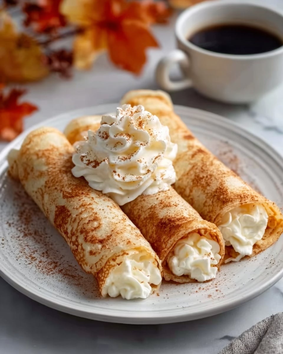 The image shows three rolled crepes arranged side by side on a white plate, each filled with creamy white filling peeking out from the ends. The crepes are thin and golden brown with a slightly crispy texture, lightly dusted with cinnamon powder for a warm touch. On top of the middle crepe, there is a swirl of whipped cream, adding white fluffy texture and a soft contrast to the smooth crepes. The plate is placed on a white marbled surface, and in the background, there is a cup of black coffee and some out-of-focus autumn-colored leaves, giving the scene a cozy and inviting feel. photo taken with an iphone --ar 4:5 --v 7