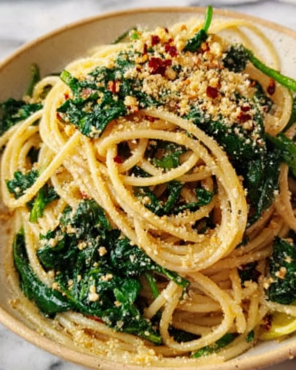 The image shows a close-up of a plate with spaghetti pasta. The pasta is light golden and mixed with cooked green spinach leaves. On top, there are red chili flakes and a sprinkling of crushed nuts or breadcrumbs that add texture. The strands of spaghetti are twirled neatly, showing some shine from olive oil or sauce. The background is a white marbled surface. Photo taken with an iphone --ar 4:5 --v 7