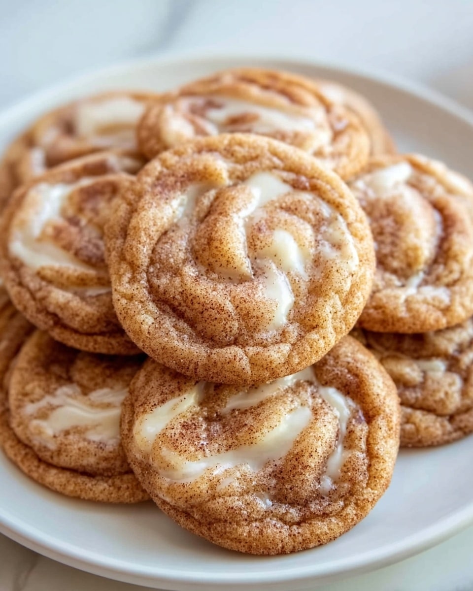 A close-up image of a small pile of round cookies stacked on a white plate. Each cookie has a light brown, slightly crinkled surface with swirls of creamy white chocolate embedded on top, creating a marbled look. The cookies appear soft with a slight gloss from the melted white chocolate, and there is a texture of visible cinnamon or spice dusting on the surface. The white plate rests on a white marbled surface. Photo taken with an iphone --ar 4:5 --v 7