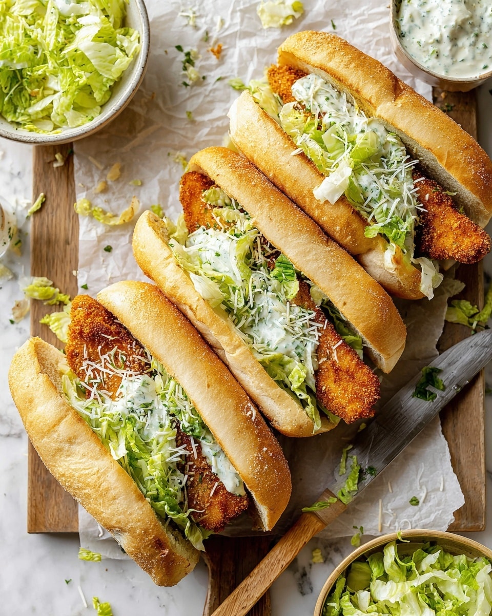 Four crispy golden-brown fried fish fillets sit inside white sandwich rolls, each filled with light green leafy lettuce coated in a creamy white sauce. The sandwich rolls have a light, soft texture with a sprinkle of green herbs on the inside of the buns. Some shredded white cheese is sprinkled over the fish and lettuce, adding texture and detail. Around the sandwiches, there are small bowls containing extra lettuce and creamy Dip, set on a white marbled surface with a wooden cutting board underneath. A knife with a light wooden handle lies beside the board, and bits of lettuce are scattered casually around. photo taken with an iphone --ar 4:5 --v 7