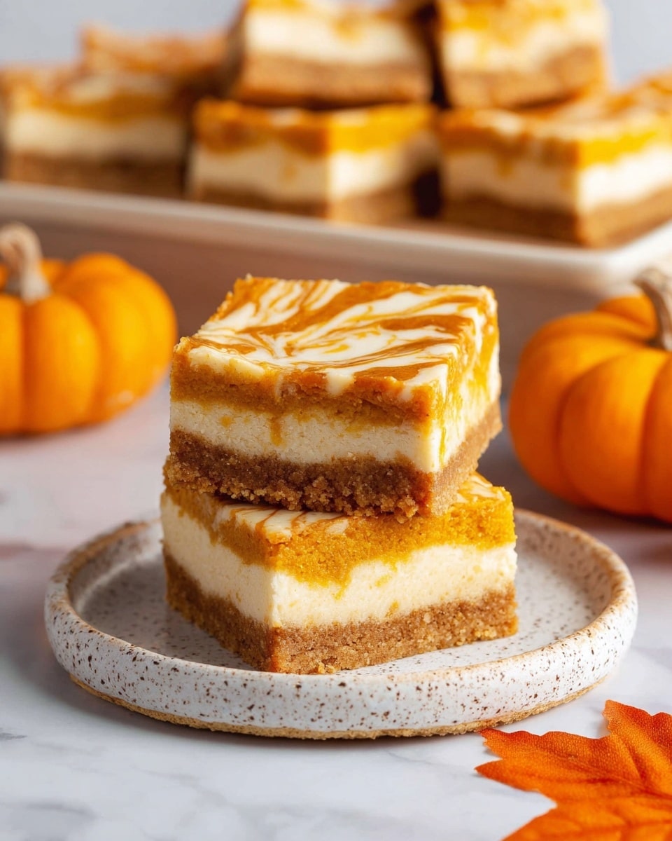 Three square pieces of pumpkin cheesecake bars are stacked on a white speckled plate. Each bar has three layers: a bottom layer of light brown crumbly crust, a middle bright orange smooth pumpkin layer, and a top creamy white layer swirled with pumpkin-orange in a marbled pattern. In the background, more bars with the same layers are shown on a white speckled tray. There is a small orange pumpkin and an orange fall leaf beside the plate. The surface is a white marbled texture. Photo taken with an iphone --ar 4:5 --v 7