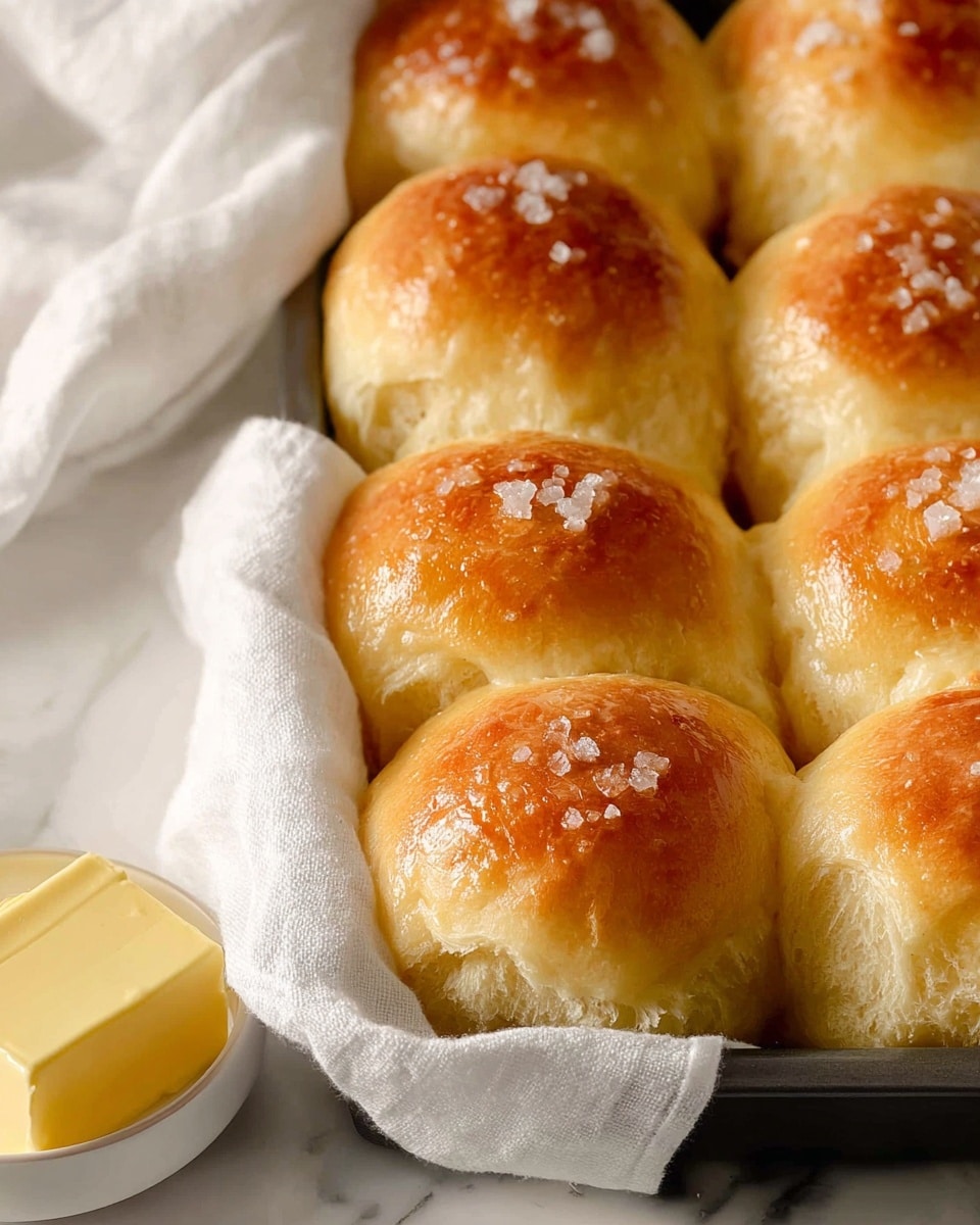 The image shows a close-up of a baking tray filled with nine golden-brown dinner rolls placed side by side, each roll puffed and slightly shiny, with a soft texture visible. The top of each roll has a light crunch with small chunks of coarse salt scattered over them. The baking tray is partially covered with a white cloth, and there is a small white bowl nearby holding a slab of soft, yellow butter. The background features a white marbled surface, enhancing the warm and fresh look of the baked rolls. photo taken with an iphone --ar 4:5 --v 7
