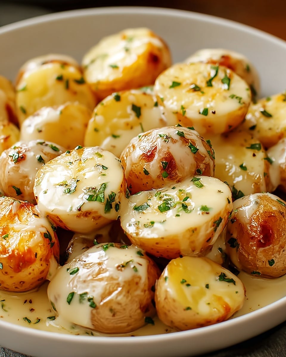 A close-up of small boiled potatoes cut in half, placed in a white bowl, each potato half showing a light yellow inside with a creamy white sauce on top that is slightly browned and bubbly. The potatoes have brown skins, and the sauce is sprinkled with small green herb bits. The sauce looks smooth and glossy, covering most of the potato surfaces, and the dish rests on a white marbled background. photo taken with an iphone --ar 4:5 --v 7