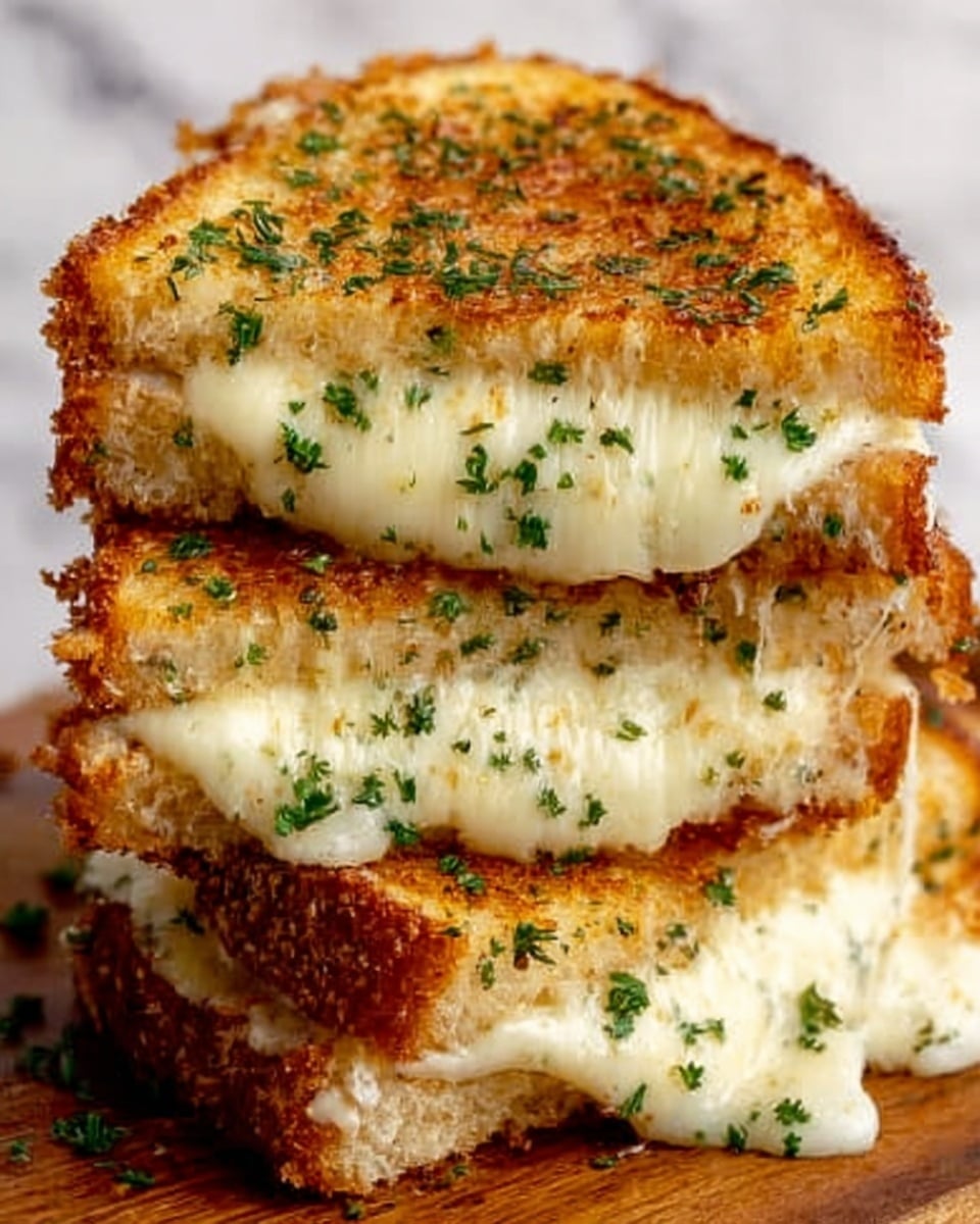 The image shows a close-up of a stack of three grilled cheese sandwich halves on a wooden board, placed on a white marbled background. Each sandwich half has a golden-brown, crispy crust with a sprinkle of green herbs on top. The melted cheese inside is creamy white and gooey, stretching slightly between the layers. The bread is toasted evenly, showing a crunchy texture with small browned spots. The sandwiches are stacked unevenly, highlighting the thick, cheesy filling inside. photo taken with an iphone --ar 4:5 --v 7