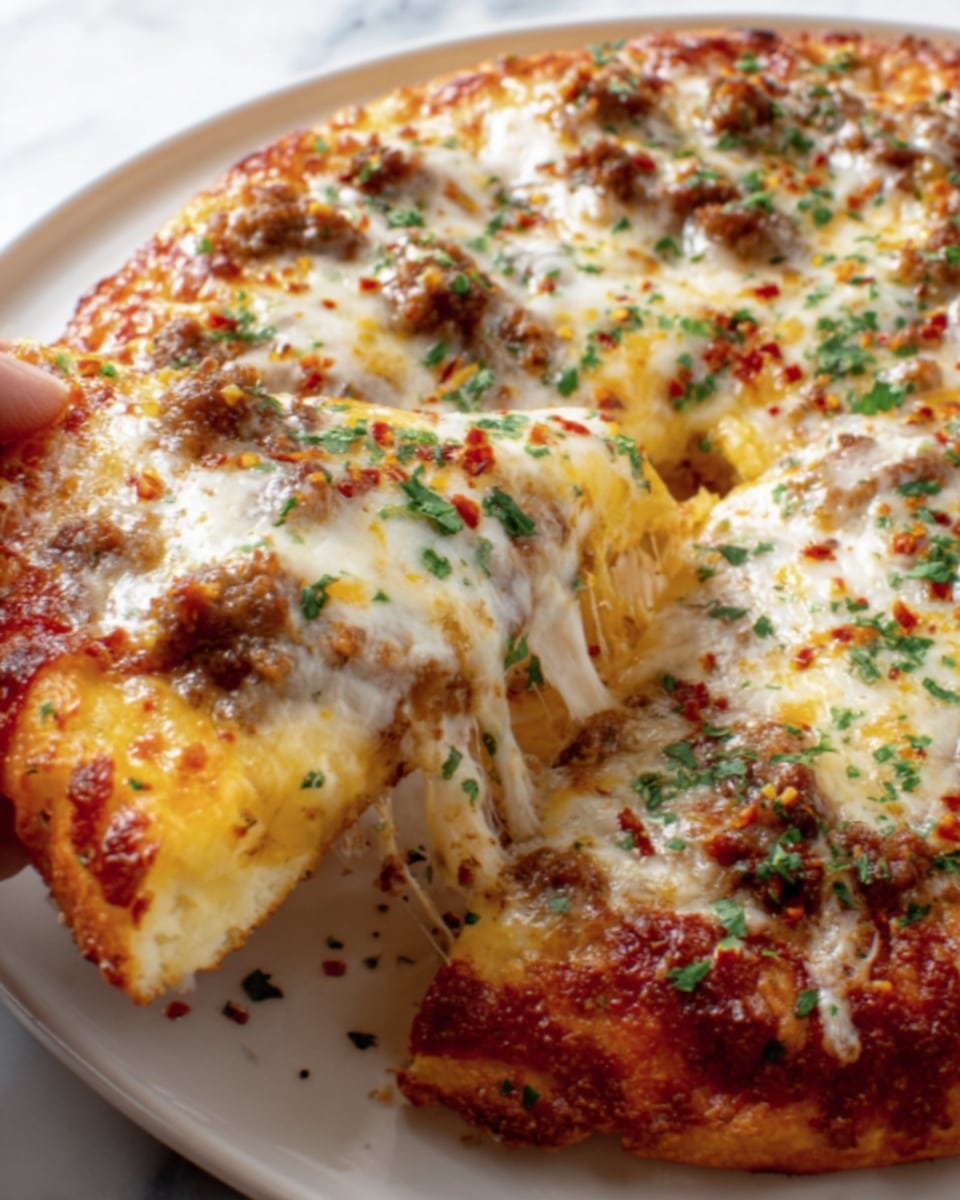 The image shows a close-up of a cheesy pizza with multiple layers. The bottom layer is a golden-brown crust, topped with a layer of red tomato sauce. Above the sauce, there is a thick layer of melted white and yellow cheese that looks stretchy and gooey. On top of the cheese, there are small pieces of browned meat scattered evenly, along with sprinkled green herbs and red chili flakes for color. A woman's hand is pulling one slice slightly away, showing the stretch of melted cheese connecting the slice to the rest of the pizza. The pizza is on a white plate, set on a white marbled surface. Photo taken with an iphone --ar 4:5 --v 7