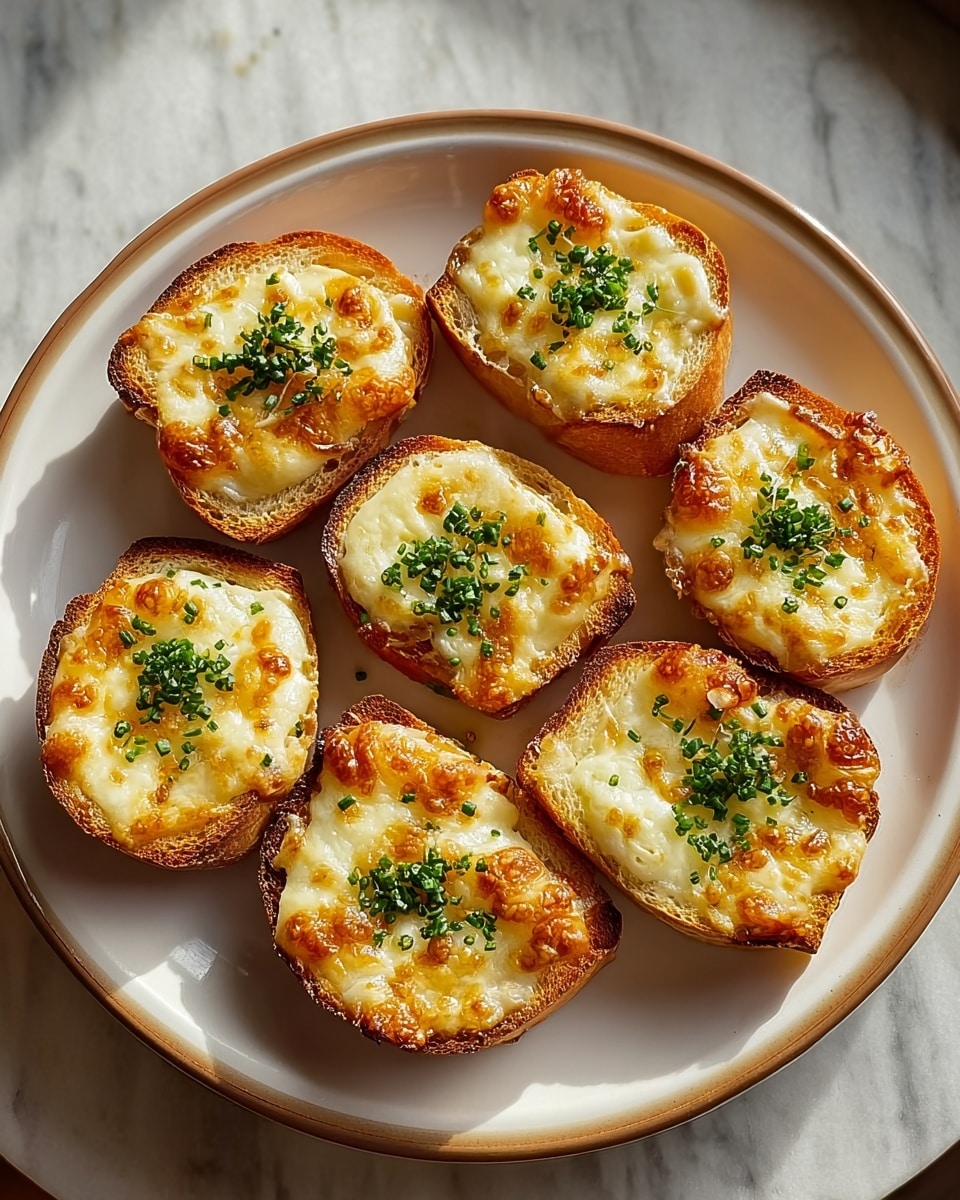 Seven pieces of small, toasted bread sit on a round white plate with a thin beige rim. Each toast is evenly covered with a layer of melted golden-brown cheese, slightly browned at the edges with a bubbly and gooey texture. On top of the cheese, finely chopped green herbs are sprinkled, adding a bright touch of color. The plate rests on a white marbled texture with soft natural light from the side, highlighting the warm tones of the toasted bread and cheese. photo taken with an iphone --ar 4:5 --v 7