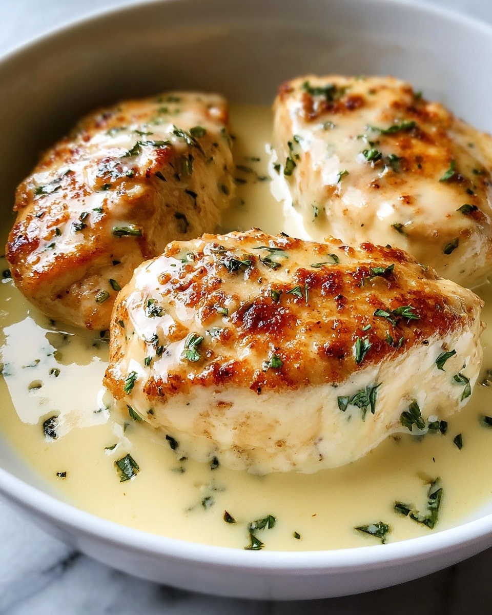 Three pieces of golden-brown grilled chicken breast with a slightly crispy texture on top sit in a shallow pool of creamy, pale yellow sauce. The sauce is smooth and glossy, spreading evenly around the chicken. Small green herb leaves are sprinkled on the chicken and the sauce, adding a fresh pop of color. The dish is presented in a white bowl, and the background surface is white with a marbled texture. photo taken with an iphone --ar 4:5 --v 7