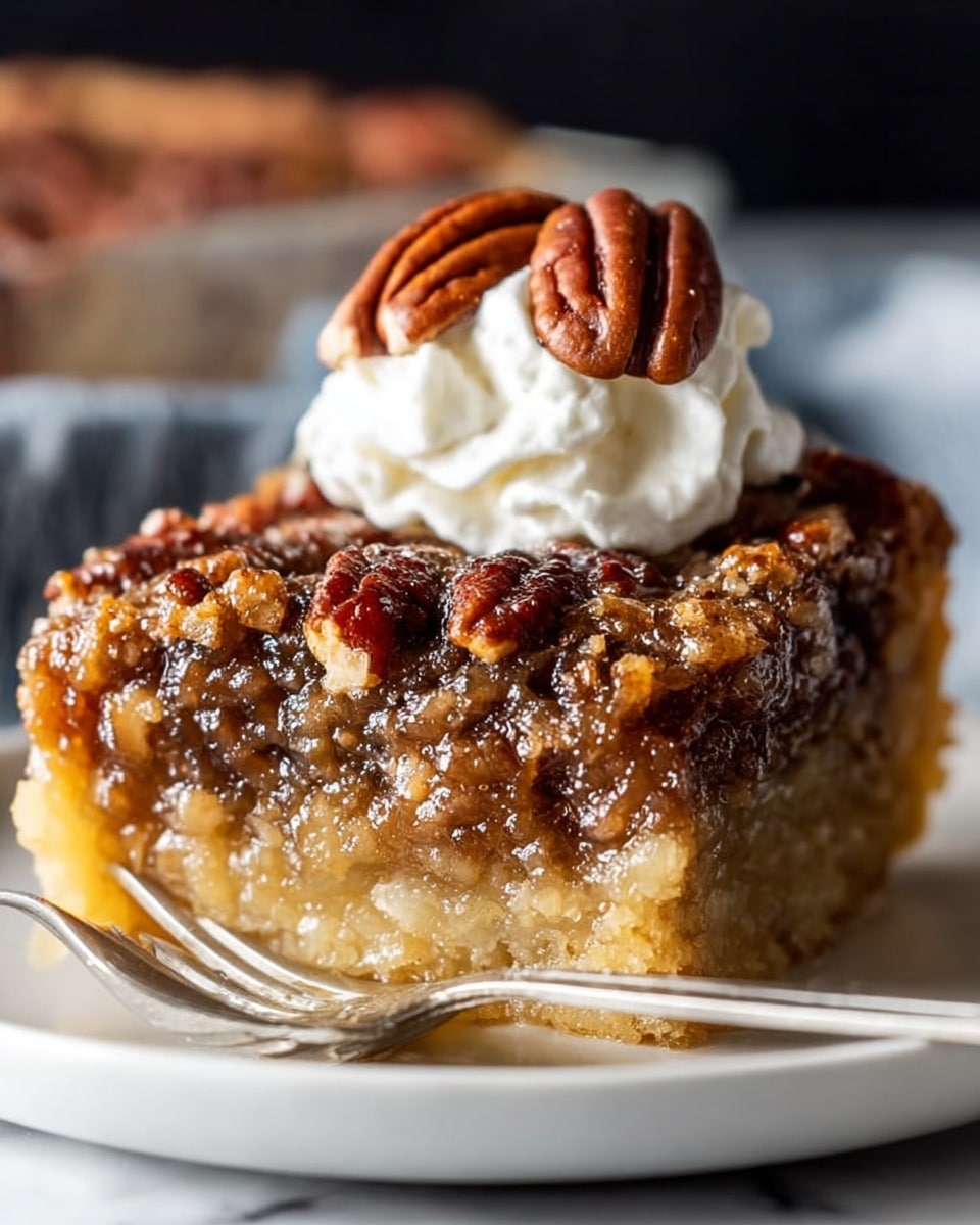 A close-up image of a square slice of pecan pie placed on a white plate, showing three layers: a dense, light yellow crust at the bottom, a thick, gooey, amber-colored filling full of chopped pecans in the middle, and a shiny, darker brown pecan topping with whole pecans on top. A dollop of light beige whipped cream sits on the pie, topped with three whole pecans, slightly leaning to the right. A silver fork rests on the plate near the pie slice. The background has a soft, blurry white marbled texture. Photo taken with an iphone --ar 4:5 --v 7