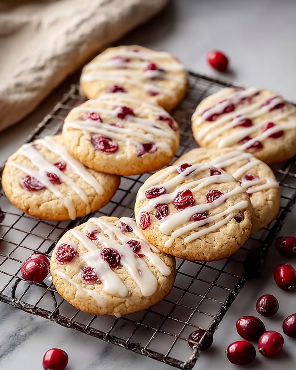 Six round cookies rest closely on a black metal cooling rack. Each cookie is light golden-brown with a soft texture and contains several bright red cranberries embedded evenly across the surface. A creamy white glaze is drizzled in three thick, uneven stripes across the top of every cookie. The cooling rack sits on a white cloth on a white marbled surface, with a few loose cranberries scattered around it. The scene is softly lit with natural light, highlighting the contrast between the warm cookies and the cool cranberries. Photo taken with an iphone --ar 4:5 --v 7