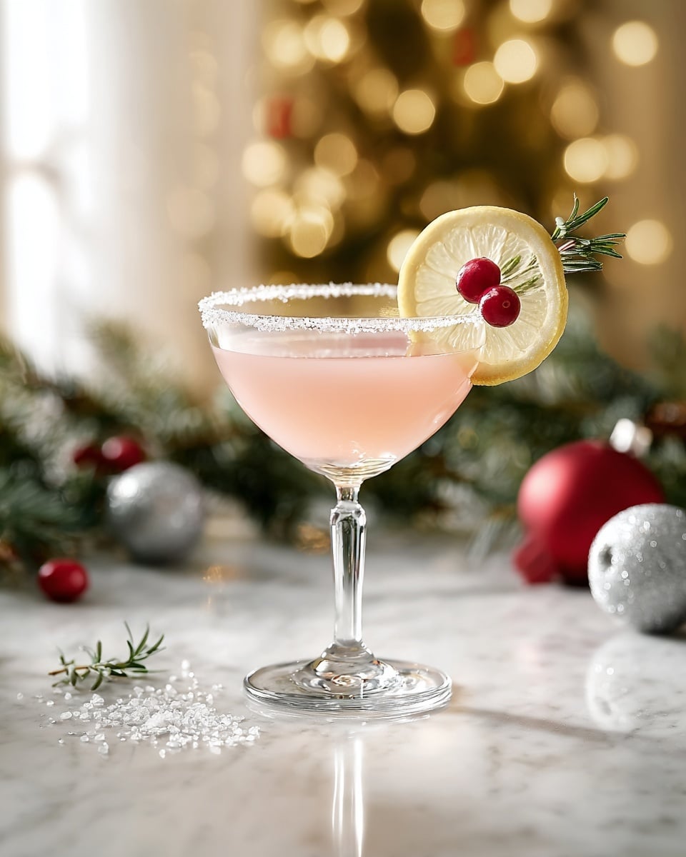 A clear coupe glass filled with a light pink drink, the rim coated with white sugar crystals. On the edge of the glass, there is a thin yellow lemon slice, two bright red cranberries, and a small green rosemary sprig. The glass sits on a white marbled surface with blurred warm lights and pine branches in the bright background, along with silver and red Christmas ornaments. A single red cranberry is on the surface near the glass. photo taken with an iphone --ar 4:5 --v 7