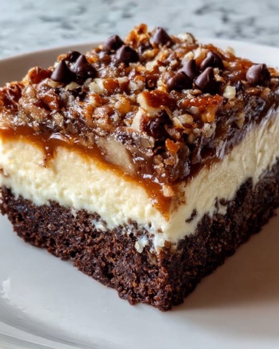 The image shows a close-up of a square dessert piece on a white plate, with a white marbled surface underneath. The dessert has three clear layers: the bottom layer is dark brown and looks dense and fudgy like a brownie; the middle layer is creamy and light beige, smooth and thick; the top layer is a mix of chopped nuts and chocolate chips, with a crunchy texture and a variety of brown shades. The edges of the dessert are sharp and clean, showing the layers clearly and evenly. Photo taken with an iphone --ar 4:5 --v 7