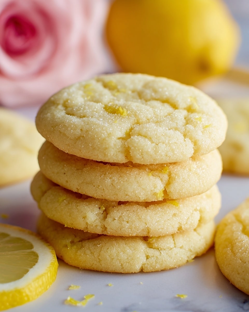 A stack of soft, round lemon cookies with a pale yellow color and a slightly cracked texture on the top layer, sprinkled with granulated sugar that glistens under the light. The front cookie is slightly tilted forward, showing its light, smooth surface with subtle lemon zest specks. The cookies rest on a white plate surrounded by thin lemon slices that add a fresh, yellow contrast. The background includes a soft-focus pink flower and a lemon, all placed on a white marbled surface. Photo taken with an iphone --ar 4:5 --v 7