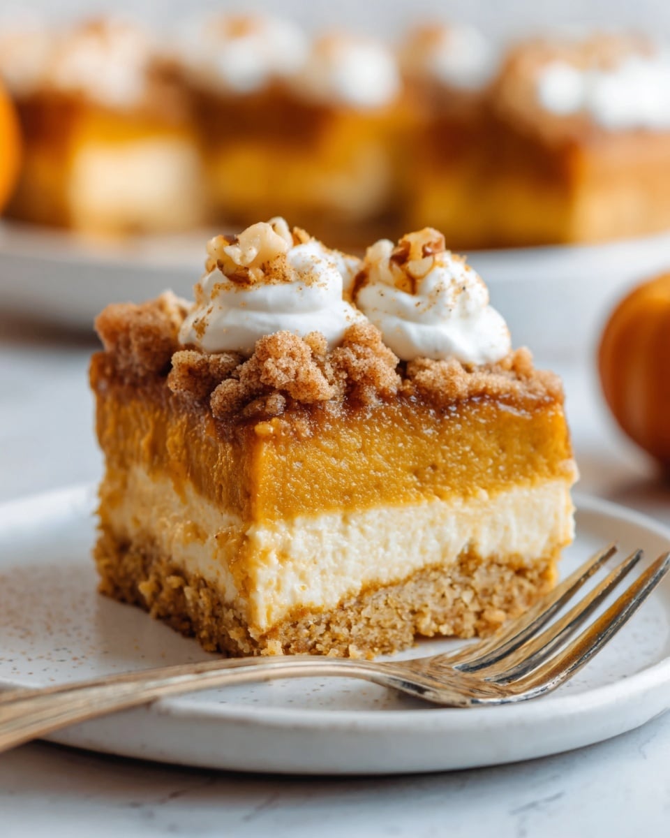 A single slice of crumb cake is shown on a white plate with thin gold trim, set on a white marbled surface. The cake has three layers: a golden brown crumbly top sprinkled with small pieces of nuts, a middle layer of smooth pumpkin or sweet filling with an orange tint, and a bottom layer of light yellow cake that looks soft and spongy. A silver fork rests next to the cake on the plate, while a blurred second cake is visible in the background. The lighting highlights the texture of the crumb topping and creamy filling. Photo taken with an iphone --ar 4:5 --v 7
