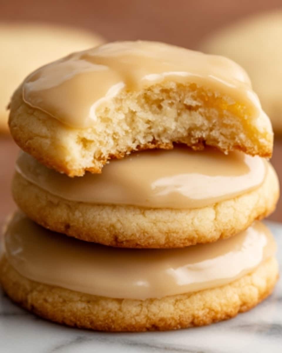 A close-up image of three thick, soft cookies stacked on top of each other on a white marbled surface. Each cookie is covered with a smooth, light caramel-colored glaze that looks shiny and creamy. The top cookie has a bite taken out of it, showing a soft, crumbly inside with a slightly golden color. The glaze drips a little on the sides, adding a glossy texture contrast to the matte cookie layers. The lighting highlights the smoothness of the glaze and the softness of the cookie dough. Photo taken with an iphone --ar 4:5 --v 7