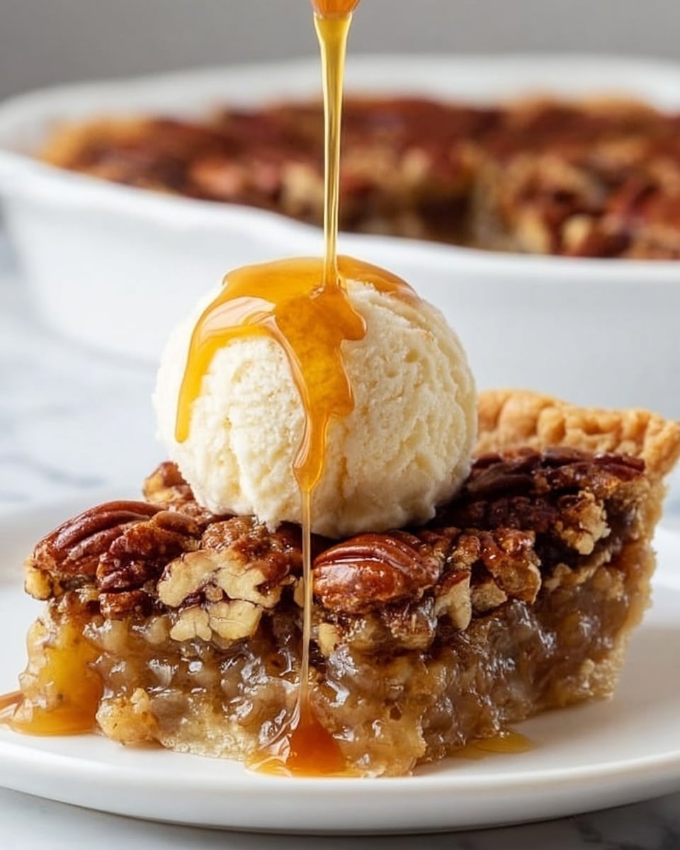 A close-up view of a slice of pecan pie on a white plate, showing three main layers: a crumbly light brown crust at the bottom, a gooey middle filling that looks sticky and caramel-colored with bits of nuts, and a top layer of whole toasted pecans that are shiny and rich brown. On top of the pie slice sits a smooth, round scoop of creamy white vanilla ice cream. Golden caramel sauce is being poured over the ice cream, dripping down onto the pecans and pooling on the plate, adding a glossy texture. In the blurry background, a white baking dish filled with the same pecan pie is visible, set on a white marbled texture surface. Photo taken with an iphone --ar 4:5 --v 7