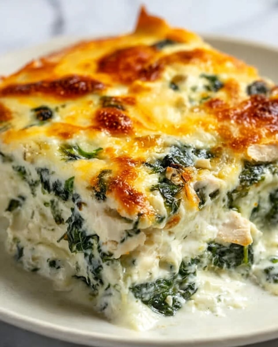 A close-up of a baked lasagna piece showing three main layers: the top layer is melted golden-brown cheese with some parts slightly crispy, beneath it is a creamy white sauce mixed with green spinach pieces, and the bottom layer appears to be smooth white ricotta cheese with some small herbs scattered throughout. The lasagna edges are slightly browned and the texture looks soft and creamy. The dish is placed on a white plate on a white marbled surface, and a woman's hand is holding a fork nearby. Photo taken with an iphone --ar 4:5 --v 7