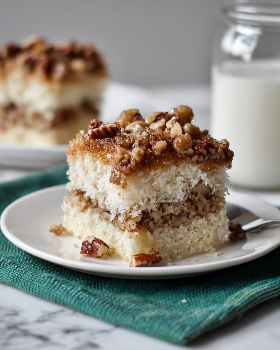 A two-layer square piece of cake sits on a white plate with a green napkin beneath it. The cake's bottom layer is light and fluffy with a soft white color. In the middle, a thick sweet filling containing chopped nuts and caramel-colored syrup creates a textured, sticky layer. The top layer is similar to the bottom but is covered with a crunchy topping of golden-brown pecans and small sugar crystals. The overall look is moist and crumbly with a mix of soft and crunchy textures. The background shows a glass of milk and more nuts on a white marbled surface. photo taken with an iphone --ar 4:5 --v 7