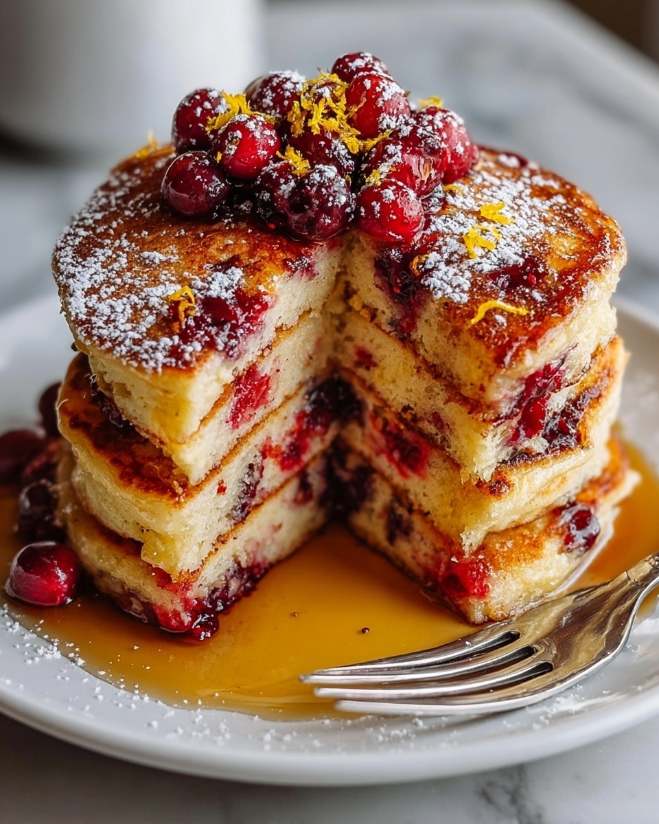 A stack of three thick pancakes with a golden brown, slightly crispy surface is placed on a white plate, resting on a white marbled texture. The pancakes have visible red cranberries inside each layer, adding specks of deep red color through the soft and fluffy light yellow interior. The top pancake is decorated with whole glossy cranberries dusted with powdered sugar and small pieces of bright orange zest. Amber syrup glistens and drips slowly down the sides, pooling slightly at the base of the stack. A silver fork rests on the edge of the plate near the syrup. Photo taken with an iphone --ar 4:5 --v 7