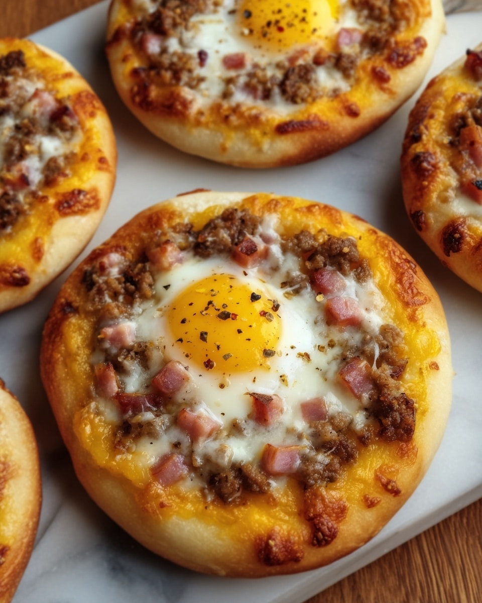The image shows four small, round mini pizzas on a white marbled surface. Each pizza has a thick, golden brown crust with a soft and slightly puffy texture. On top, there is a layer of melted cheese that is bubbly and slightly browned. Scattered across the cheese are small pieces of cooked sausage and ham, giving the top a mix of light brown and pinkish colors. In the center of each pizza, there is a whole egg with a bright yellow yolk that looks soft and shiny, surrounded by cooked white egg. The lighting highlights the shiny texture of the cheese and eggs. Photo taken with an iphone --ar 4:5 --v 7