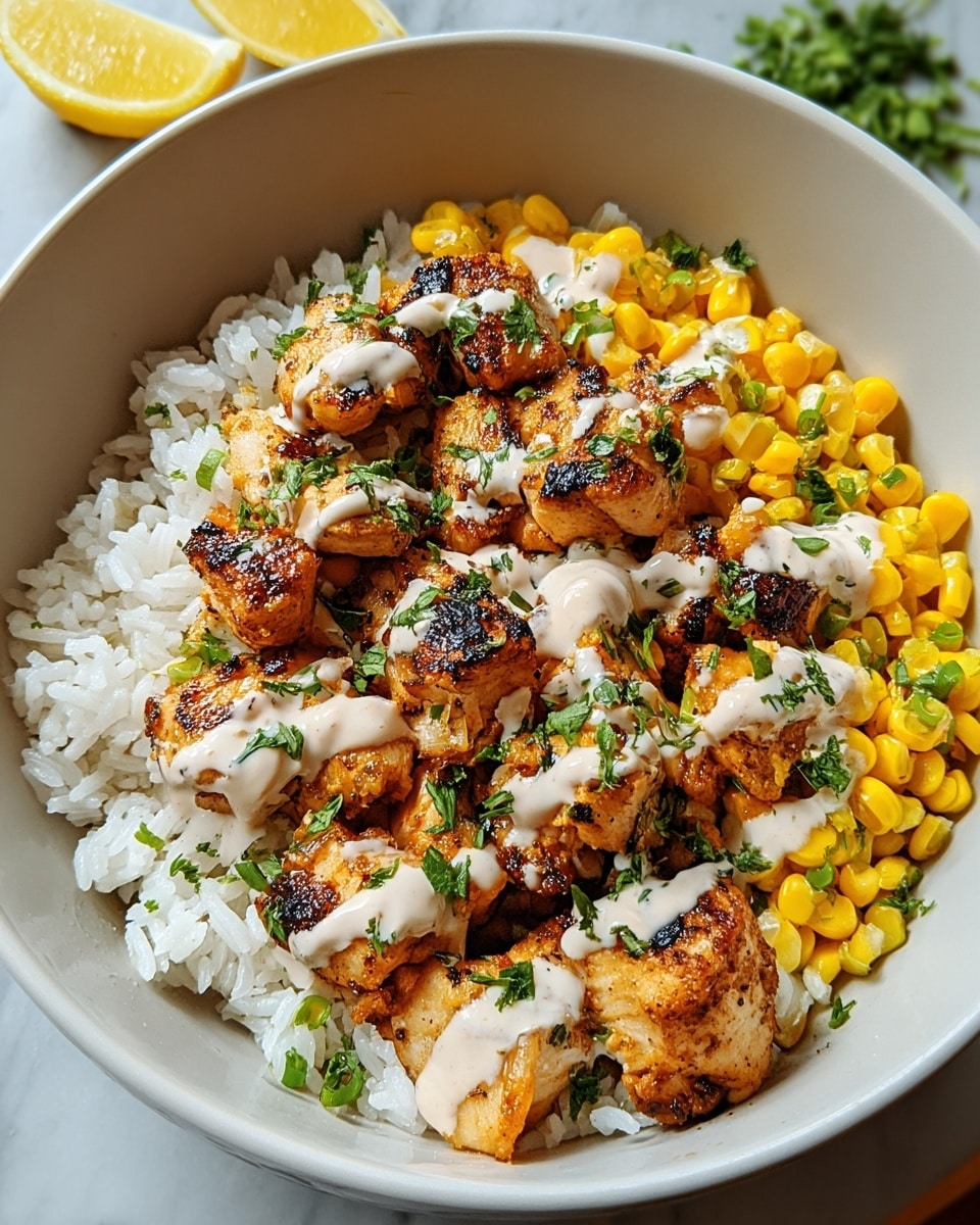 A white bowl sits on a white marbled surface, filled with a base layer of fluffy white rice. On top of the rice, there is a layer of roasted corn kernels mixed with chopped green herbs. The main layer consists of grilled chicken pieces with a golden-brown, slightly charred texture, scattered evenly over the corn and rice. A creamy white sauce is drizzled over the chicken, adding a smooth contrast to the char marks. Fresh chopped green herbs are sprinkled on top, adding color and freshness. Photo taken with an iphone --ar 4:5 --v 7