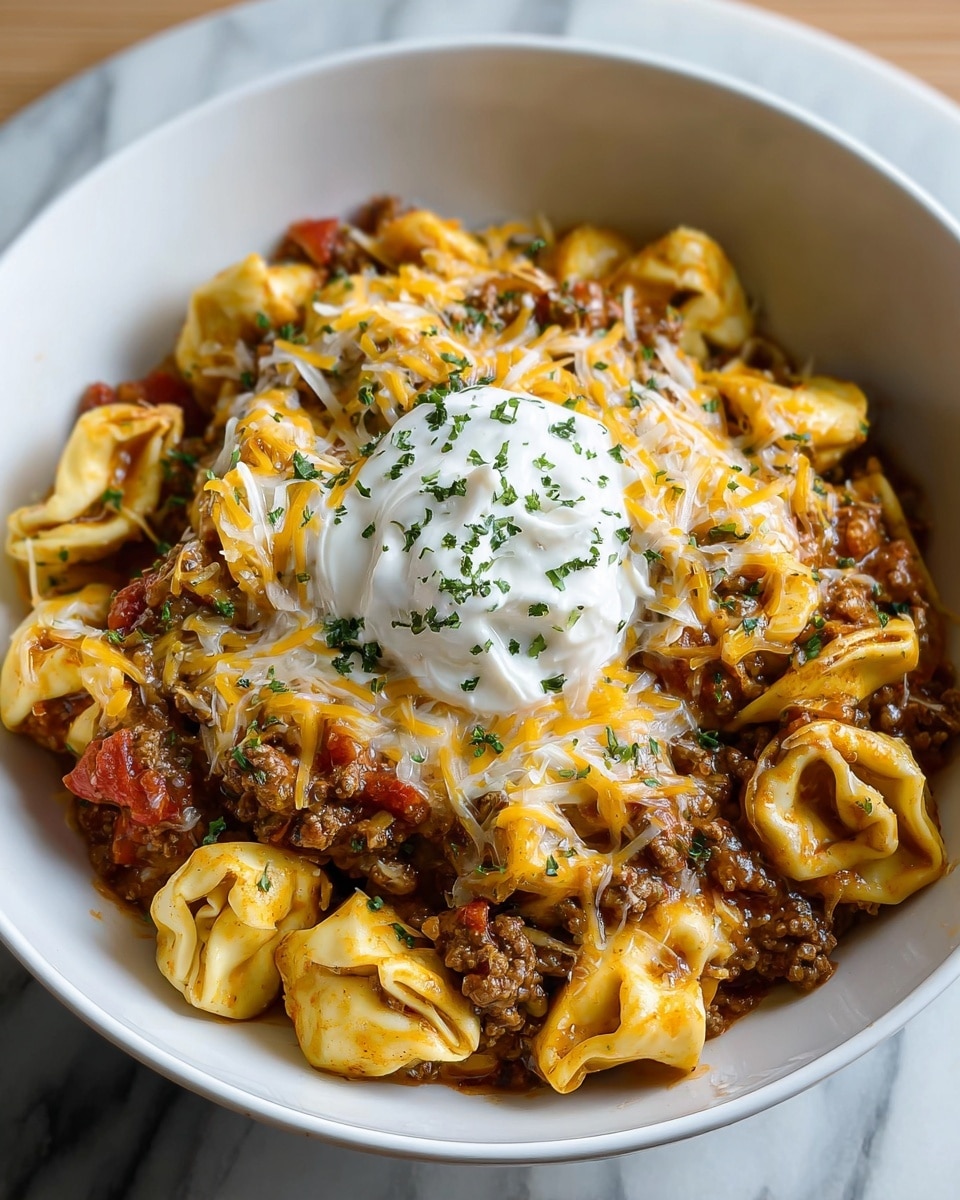 A white bowl filled with cooked tortellini pasta that is light yellow, mixed with browned ground meat and small pieces of red tomato. The pasta and meat are covered with melted orange and white shredded cheese, topped with a dollop of white sour cream sprinkled with chopped green herbs. The texture shows the soft pasta, slightly chunky meat, gooey cheese, and creamy topping, all sitting on a white marbled background. Photo taken with an iphone --ar 4:5 --v 7