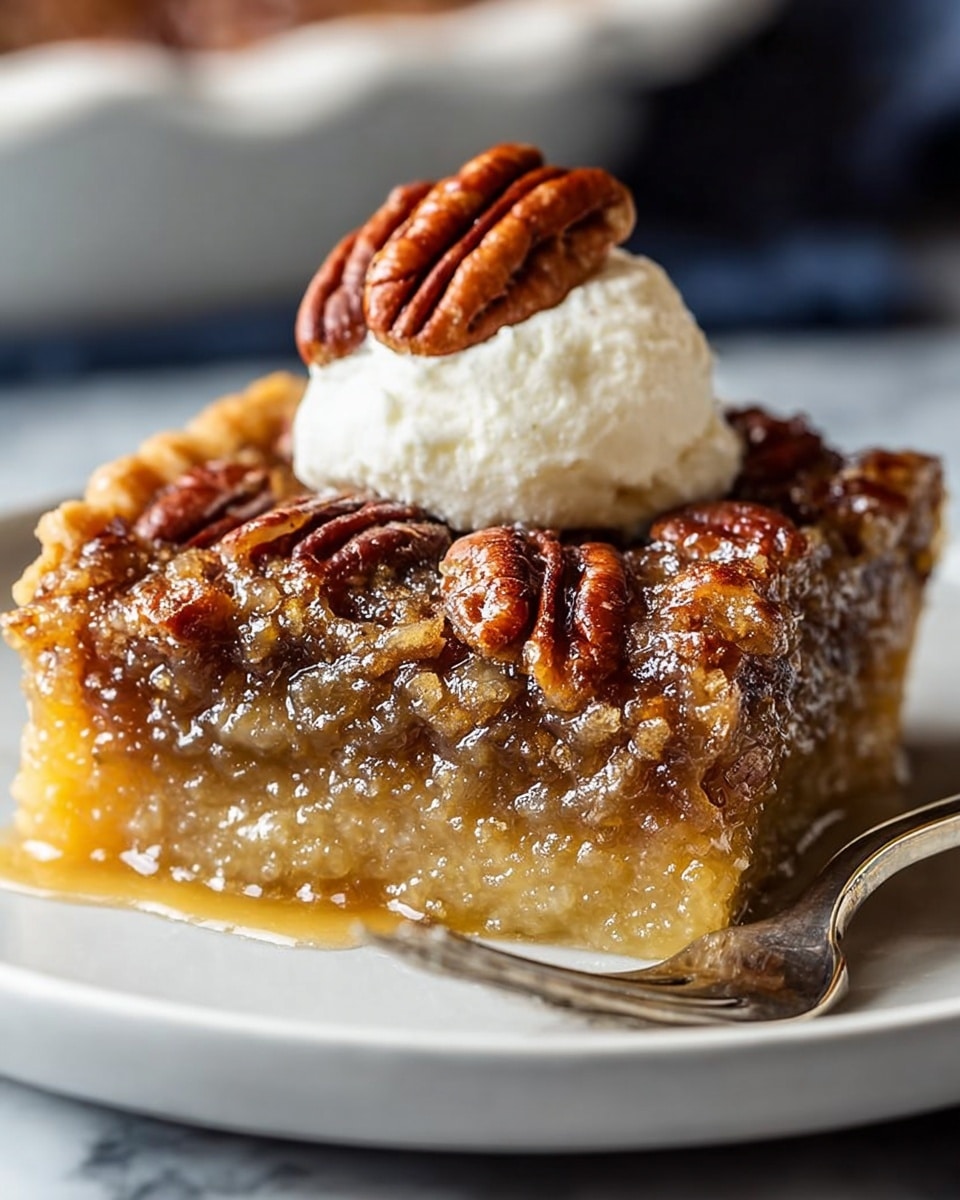 A single square piece of pecan pie is shown on a white plate, resting on a white marbled surface. The bottom layer is light golden crust, firm and slightly crumbly, topped by a thick, gooey amber filling mixed with small pecan pieces. The top layer is a glossy, rich brown pecan topping with visible whole pecans embedded. On the pie piece, there is a dollop of creamy off-white whipped topping with two whole pecans on top. A silver fork is placed near the front right edge of the plate. Photo taken with an iphone --ar 4:5 --v 7
