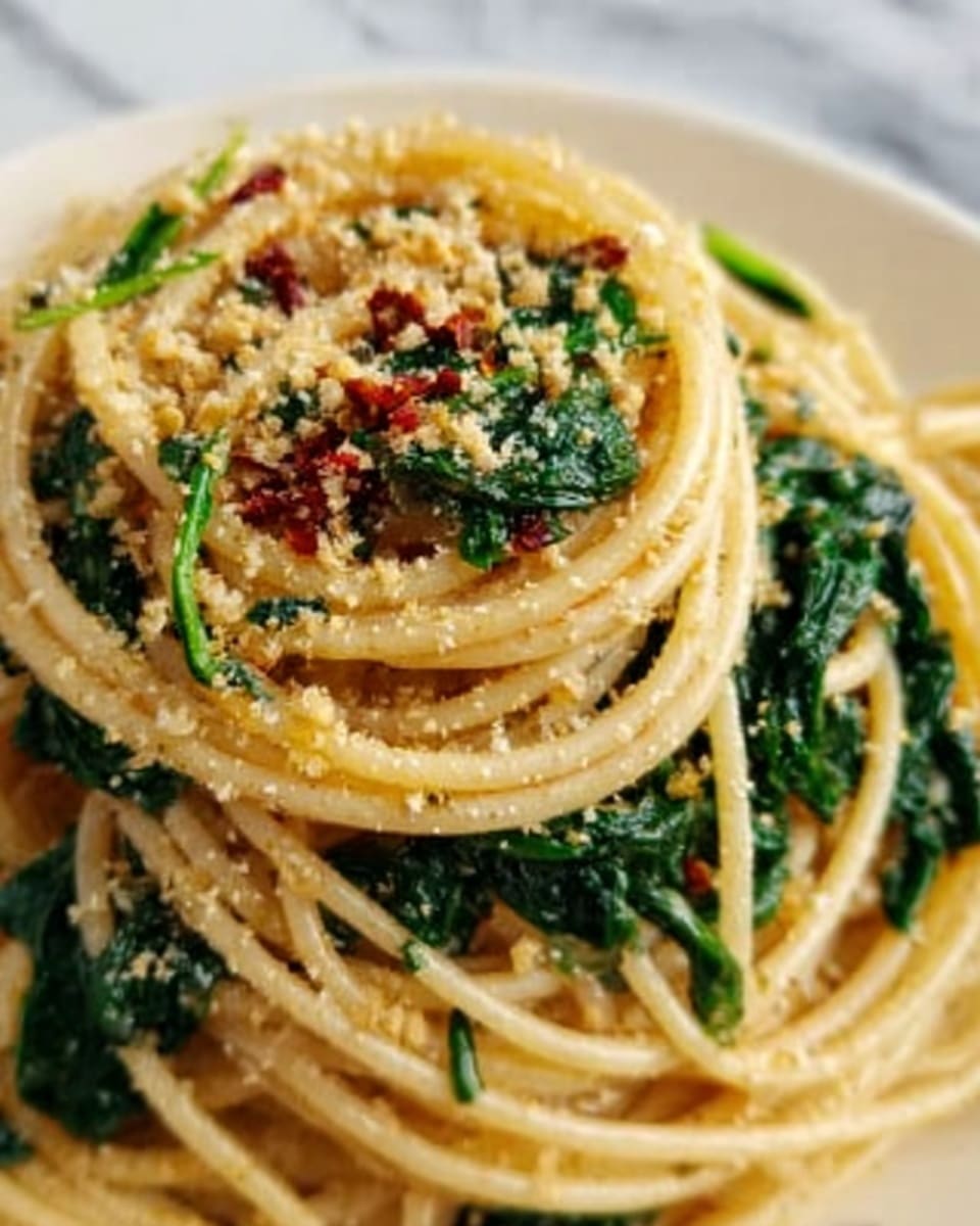 A close-up view of a white plate filled with spaghetti noodles mixed with cooked, dark green spinach leaves. The spaghetti is lightly coated with a slightly oily sauce and topped with small white crumbs of grated cheese scattered evenly across the dish. There are also small red flakes of chili sprinkled throughout, adding a touch of color contrast. The noodles are softly intertwined, creating a textured, layered look with strands looping over the spinach. The photo is taken with an iphone --ar 4:5 --v 7