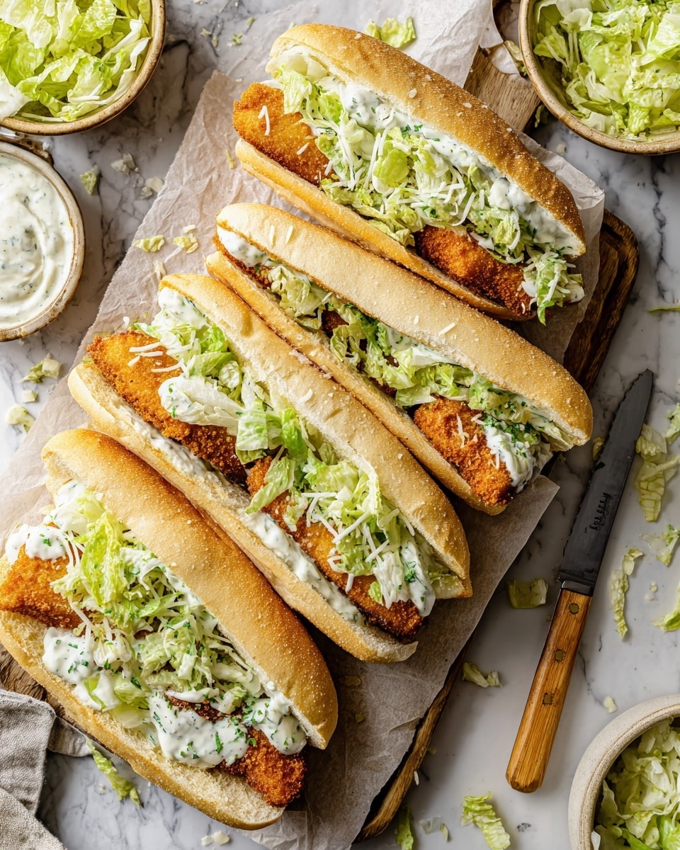 The image shows four sandwich halves filled with golden-brown crispy fried chicken tenders inside soft white hoagie rolls. Each sandwich contains a fresh layer of light green shredded lettuce mixed with creamy white dressing. The interiors of the rolls are brushed with a green herb spread, visible on the rightmost sandwich. Grated white cheese is sprinkled on top of the chicken and lettuce in each sandwich, adding texture. These sandwiches are placed on crumpled white parchment paper over a white marbled wooden board, surrounded by loose lettuce pieces. Two rustic bowls are visible, one filled with green lettuce and the other with creamy white sauce topped with black pepper. A knife with a wooden handle rests to the left, all set against a white marbled surface. photo taken with an iphone --ar 4:5 --v 7