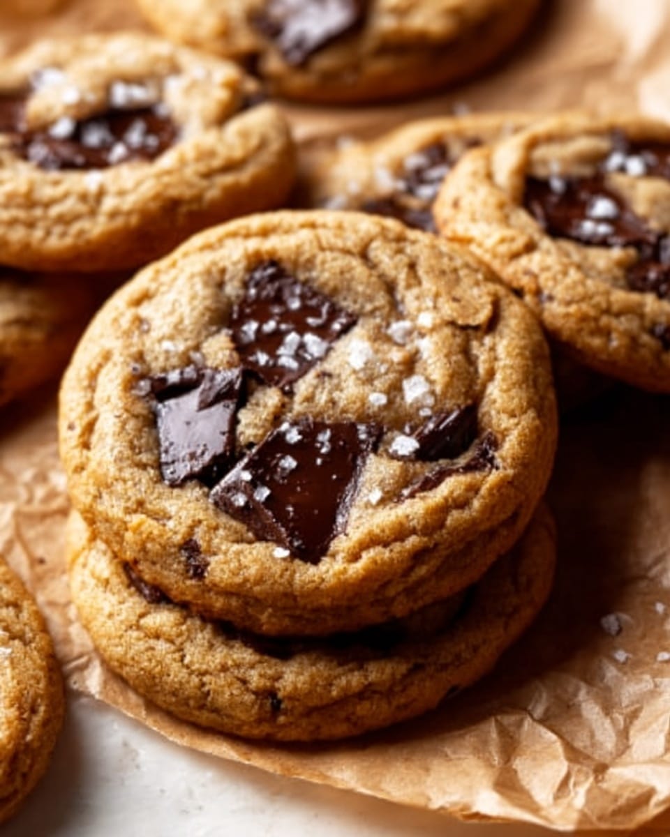 The image shows a close-up of several soft, golden-brown chocolate chip cookies arranged on crumpled brown parchment paper. The cookies have a slightly cracked surface with large, melted dark chocolate chunks visible on top, some sprinkled with coarse sea salt. The texture looks chewy and moist, with a crisp edge. The background features a white marbled texture. Photo taken with an iphone --ar 4:5 --v 7