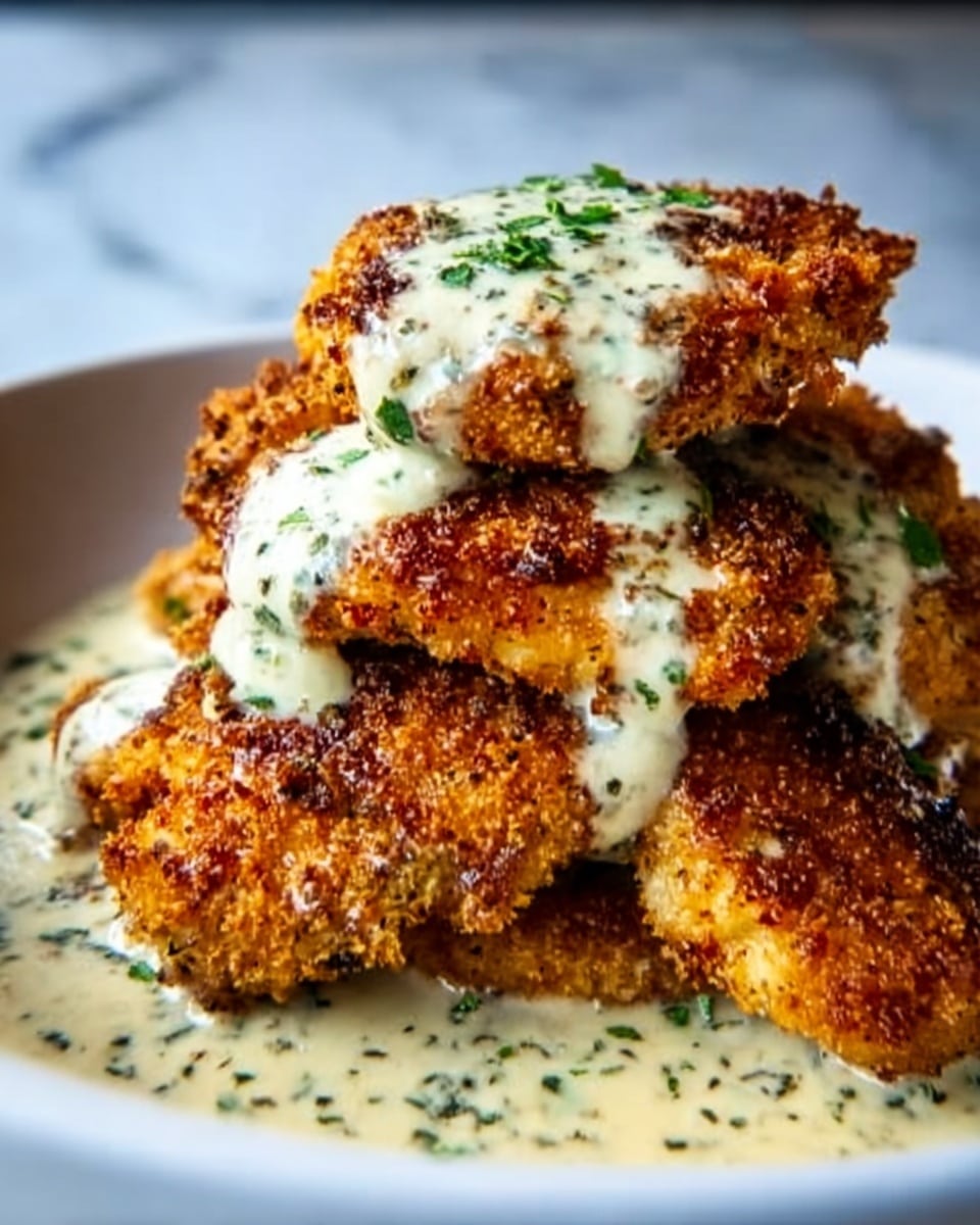 A white plate holds several pieces of crispy golden-brown fried chicken stacked in layers, topped with a creamy white sauce that has green herbs sprinkled throughout. The fried chicken has a rough, crunchy texture with a rich orange-brown color. The sauce is thick and flows slowly over the chicken, creating a contrast between the crispy and smooth textures. The background is a white marbled surface, adding a clean and bright feel to the image. photo taken with an iphone --ar 4:5 --v 7