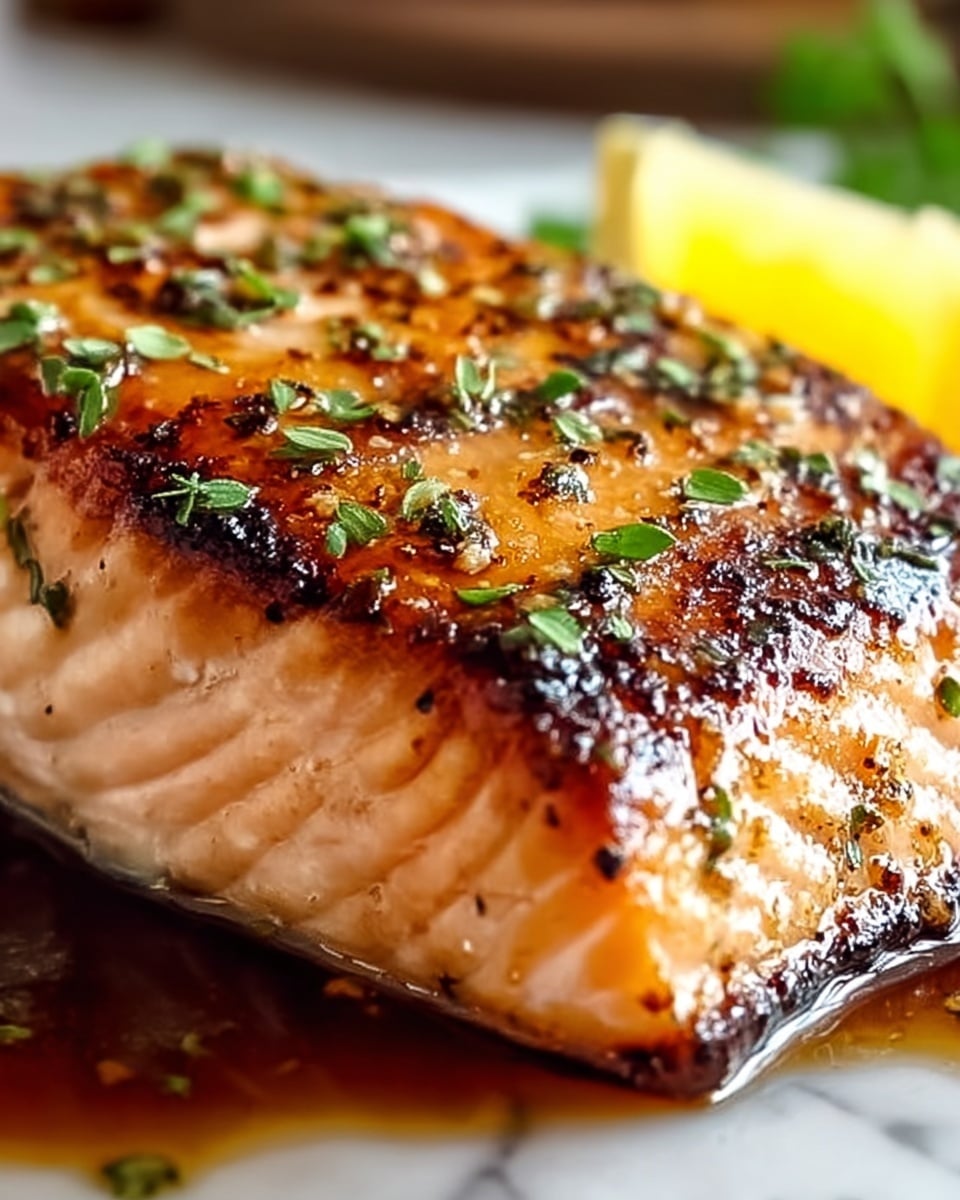 A close-up view of a grilled salmon fillet with a golden-brown crust and visible char marks on top, sprinkled with small green herb leaves. The fish’s flesh underneath is light pink with a moist texture. The salmon sits in a glossy, rich brown sauce that pools around the base. A slice of lemon with a bright yellow color is faintly visible in the background, all set against a white marbled texture. Photo taken with an iphone --ar 4:5 --v 7