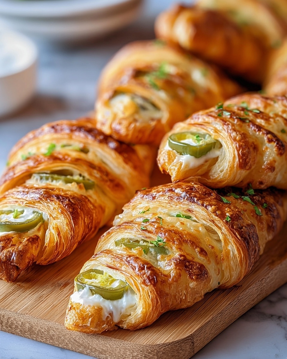 The image shows several golden brown, flaky croissant-shaped pastries arranged closely together on a wooden board. Each pastry has a spiral twist effect with layers of puff pastry dough visible, showing a crispy, browned outer texture. The pastries are filled with a creamy white filling that oozes slightly from the center, topped with small pieces of green herbs and slices of green chili or pepper, adding color contrast. The surface beneath the board is a white marbled texture, and the background includes blurred hints of white bowls. photo taken with an iphone --ar 4:5 --v 7