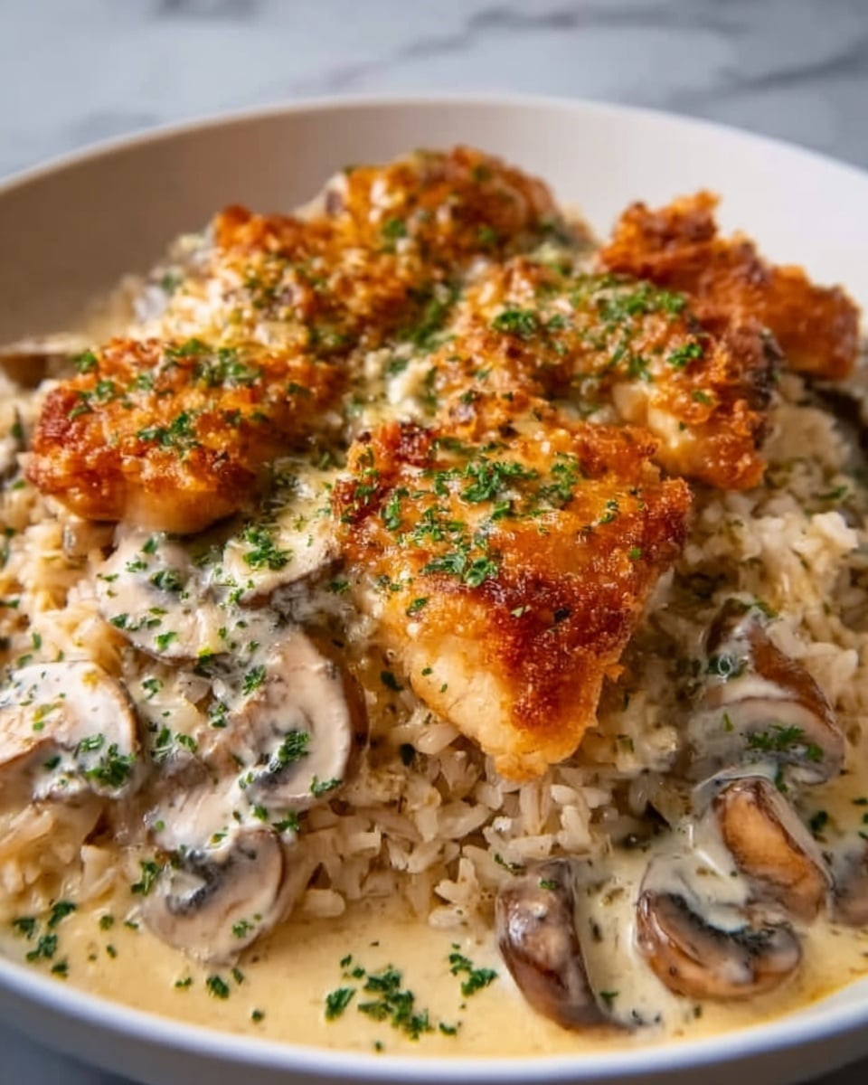 The image shows a white plate filled with a bed of cooked white rice at the bottom, topped with a creamy mushroom sauce that has visible slices of light brown mushrooms, covering the rice evenly. On top of the sauce, there are golden-brown grilled chicken pieces seasoned with herbs, adding a textured and slightly crispy appearance. A sprinkle of green herbs is scattered over the chicken, enhancing the visual contrast between the creamy sauce and the browned meat. The whole dish sits on a white marbled surface, creating a clean and bright background. Photo taken with an iphone --ar 4:5 --v 7