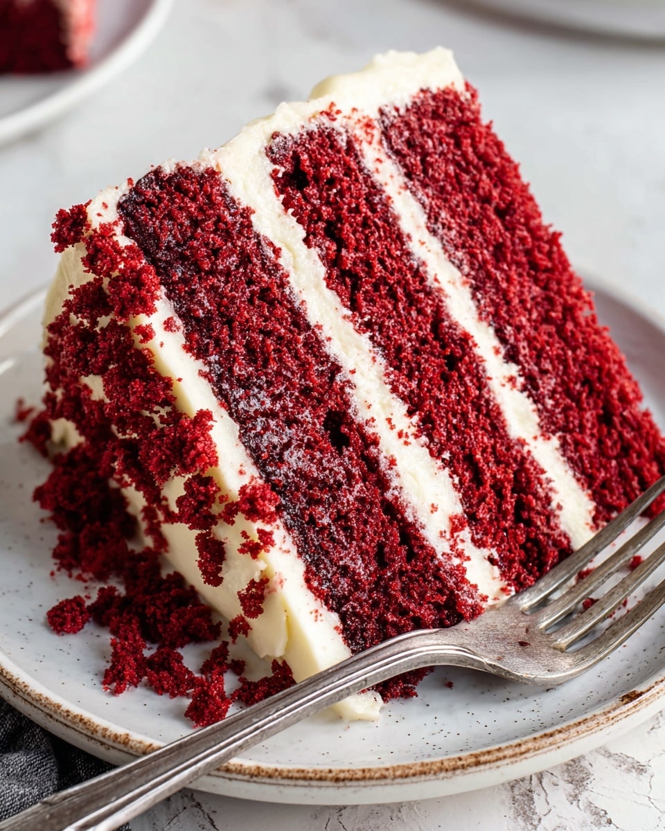 A slice of red velvet cake with three thick, dark red layers separated by creamy white frosting, placed on a white plate with a few tiny sprinkles on the edge, beside a silver fork. The cake layers have a moist, slightly crumbly texture, and the frosting is smooth and thick, both between the layers and covering the top. The slice sits on a white marbled surface, showing an inviting contrast between the red cake and white cream. photo taken with an iphone --ar 4:5 --v 7